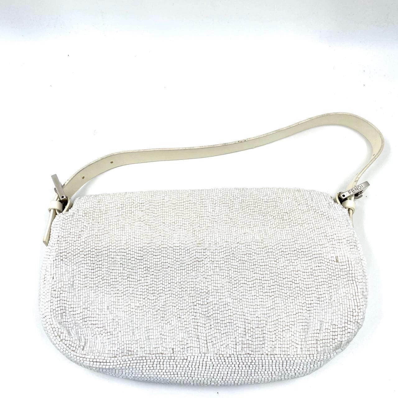 Fendi Baguette Vintage White Glitter Beads Brown Leather 2