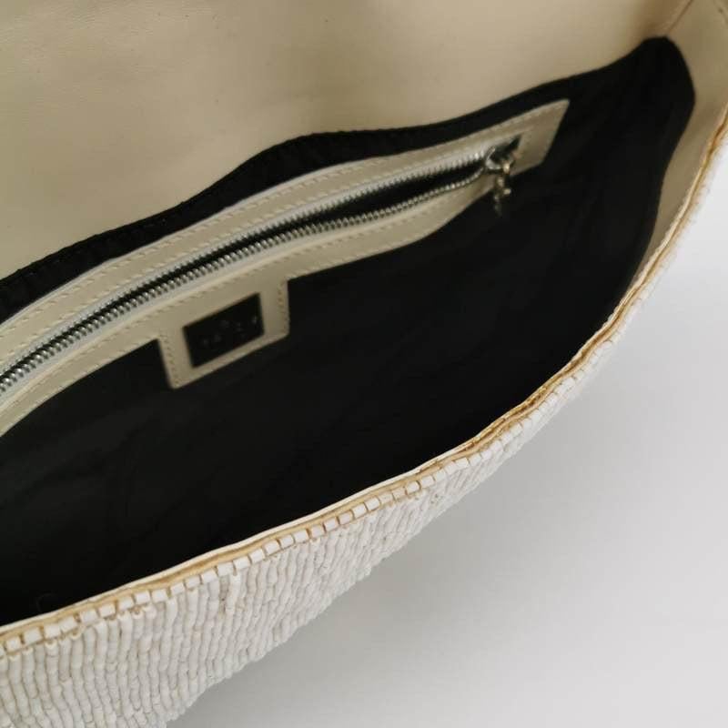 Fendi Baguette Vintage White Glitter Beads Brown Leather 2