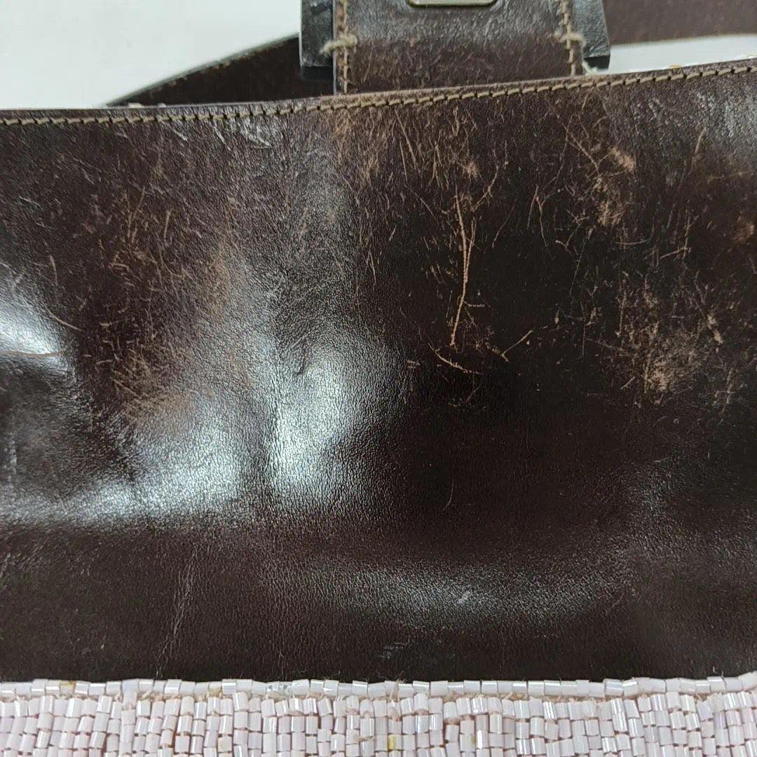 Fendi Baguette Vintage White Glitter Beads Brown Leather 4