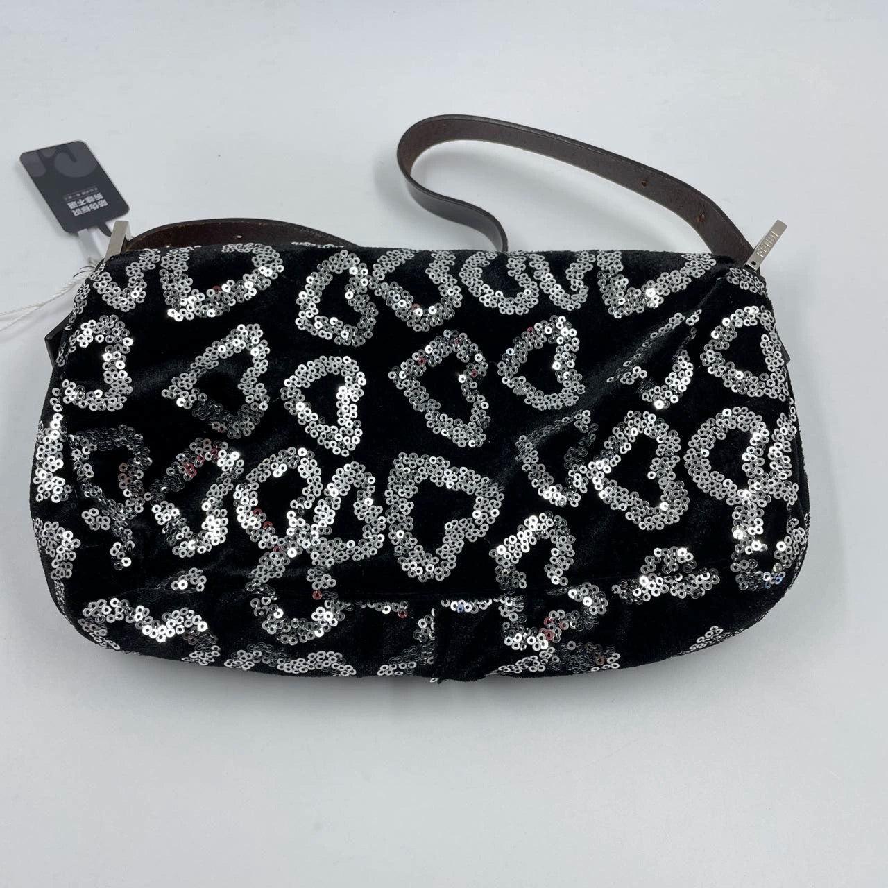 FENDI Baguette White Heart Shaped Sequin Black Shoulder Bag For Sale 6