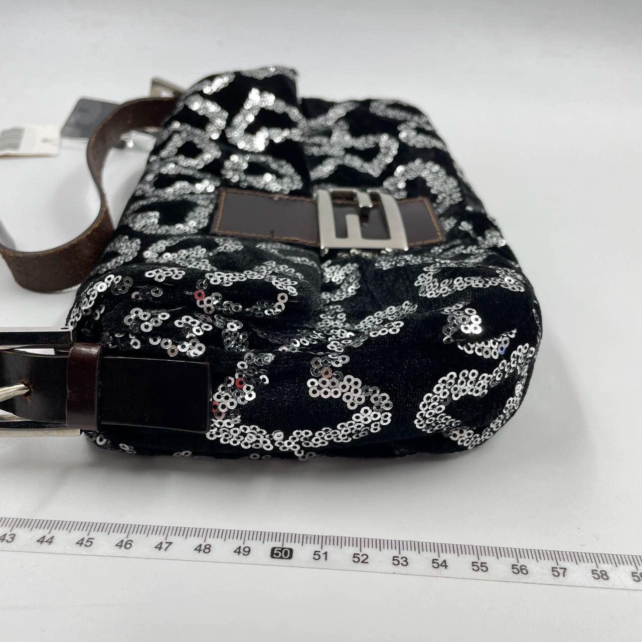 Women's FENDI Baguette White Heart Shaped Sequin Black Shoulder Bag For Sale