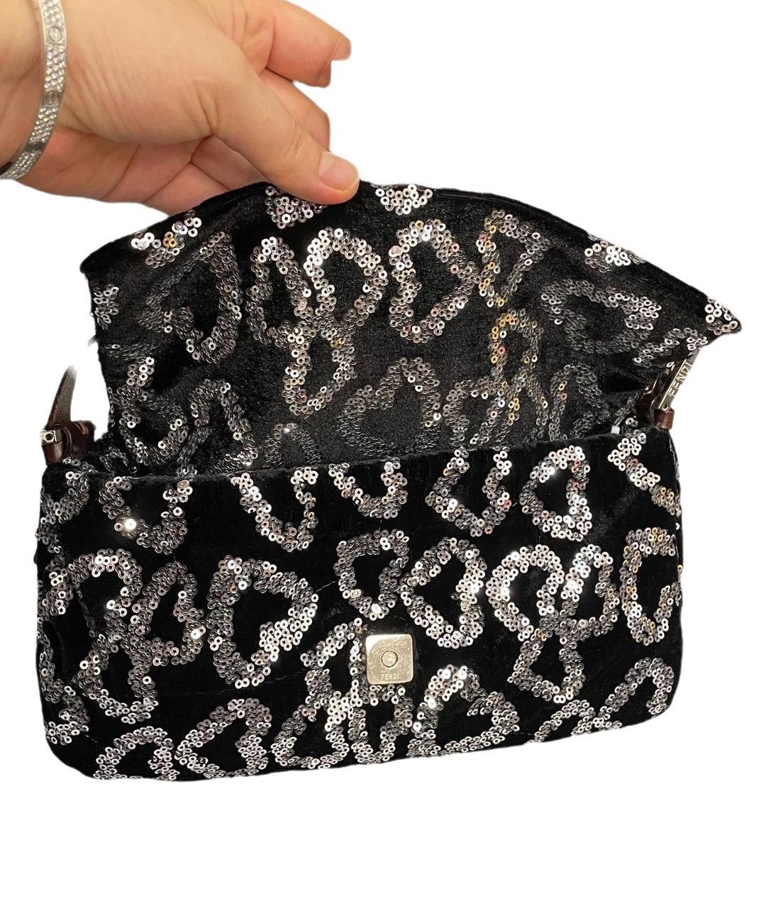 FENDI Baguette White Heart Shaped Sequin Black Shoulder Bag For Sale 2