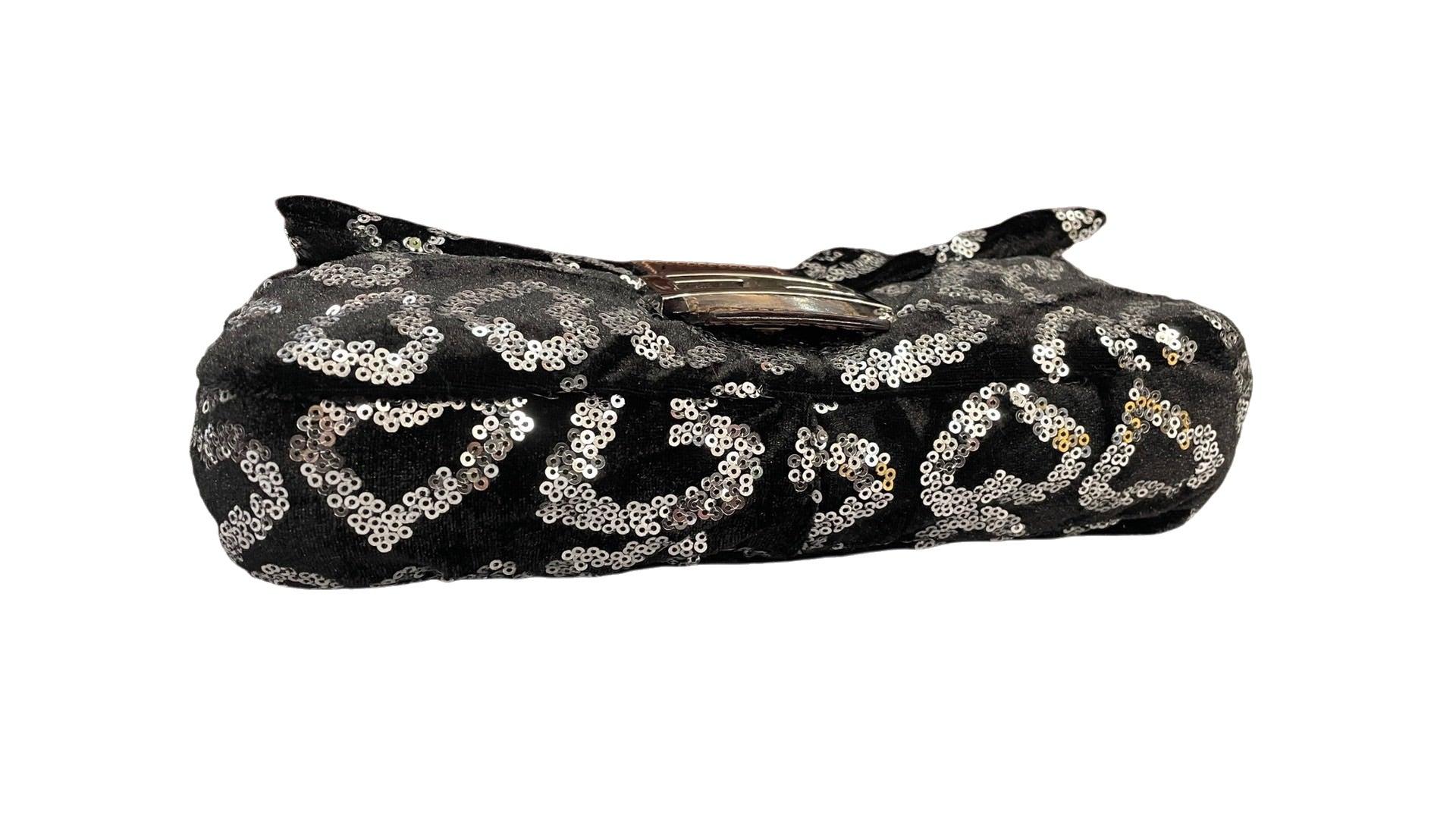 FENDI Baguette White Heart Shaped Sequin Black Shoulder Bag For Sale 4