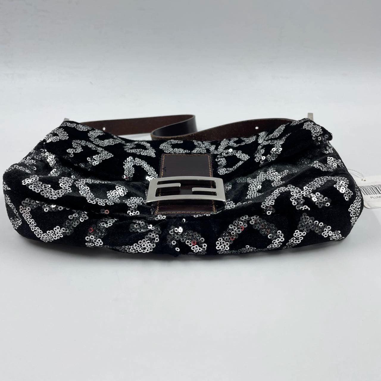 FENDI Baguette White Heart Shaped Sequin Black Shoulder Bag For Sale 5