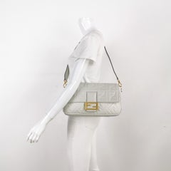 Fendi Baguette White Leather 3D FF Motif Crossbody Bag Large