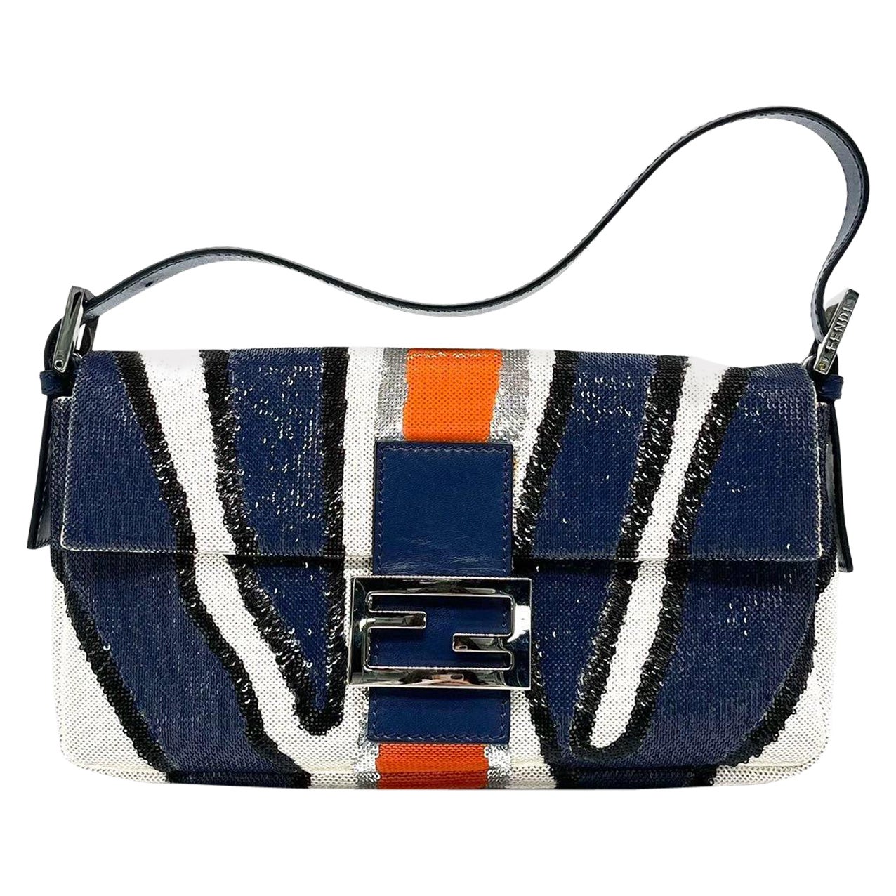 FENDI Baguette Zebra-Stripe Sequin Blue Orange White