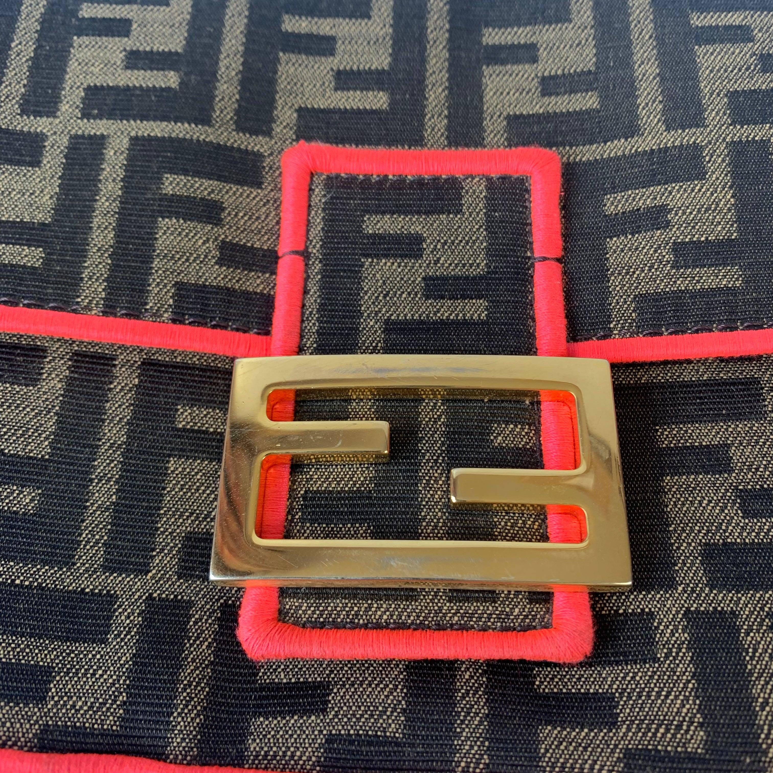FENDI Baguette Zucca Monogram Canvas with Pink Neon trimming Crossbody Bag For Sale 6
