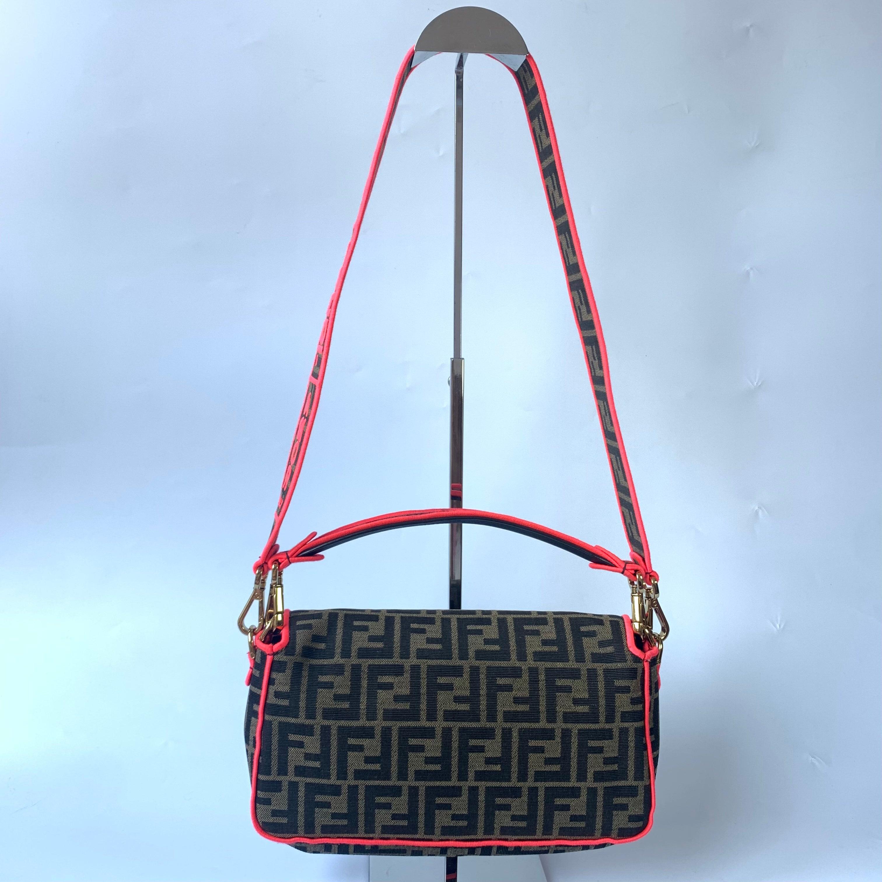 Black FENDI Baguette Zucca Monogram Canvas with Pink Neon trimming Crossbody Bag For Sale