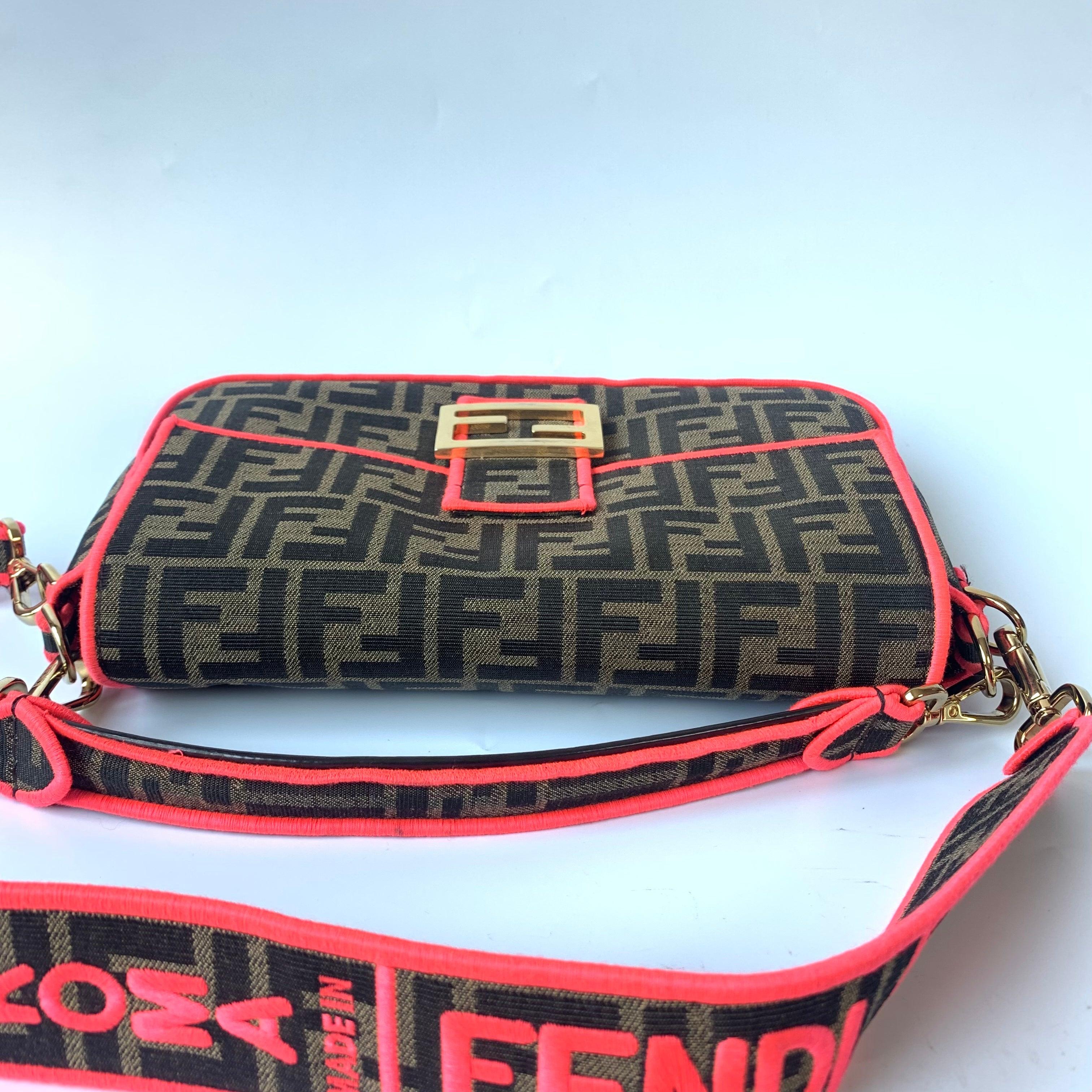 FENDI Baguette Zucca Monogram Canvas with Pink Neon trimming Crossbody Bag For Sale 1