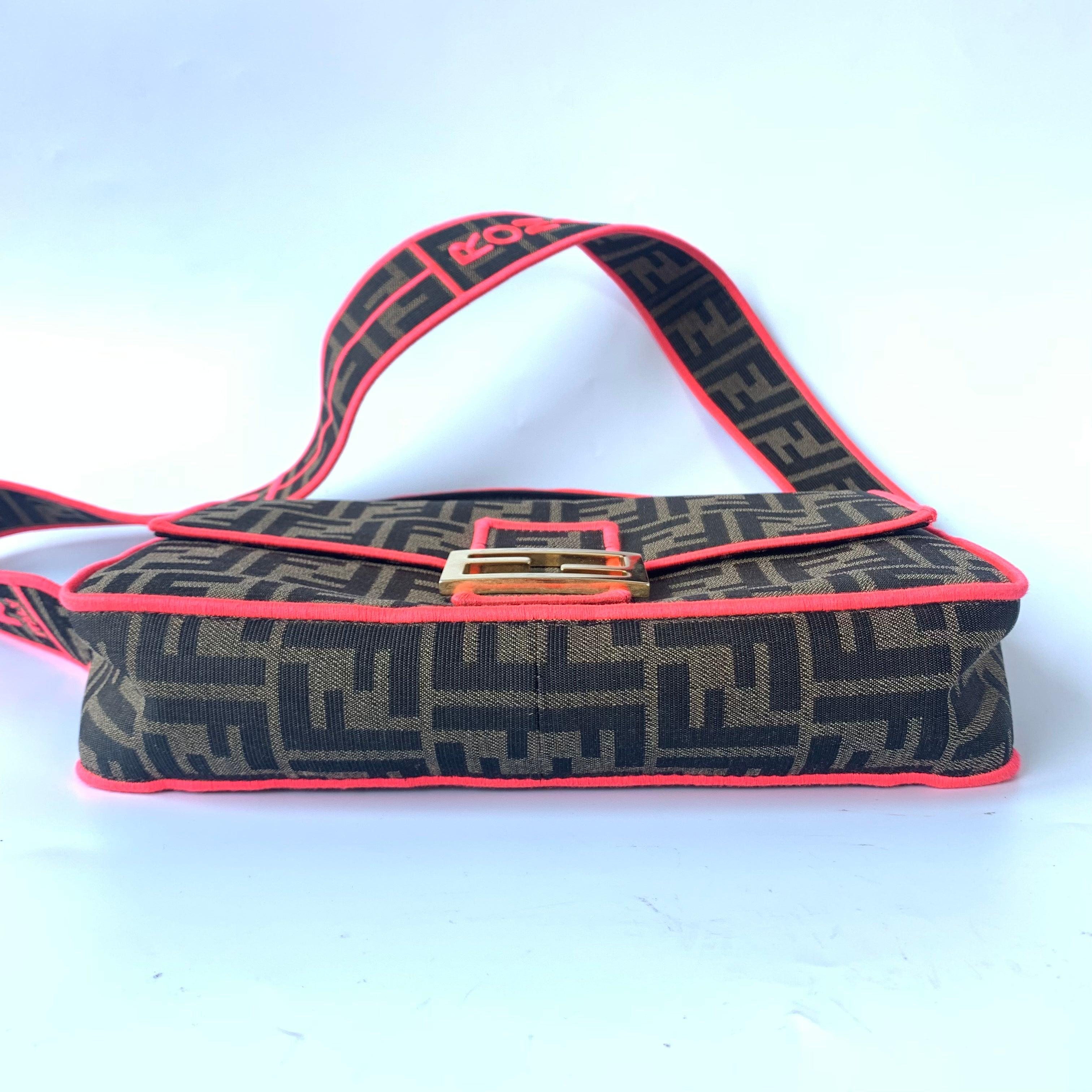 FENDI Baguette Zucca Monogram Canvas with Pink Neon trimming Crossbody Bag For Sale 2