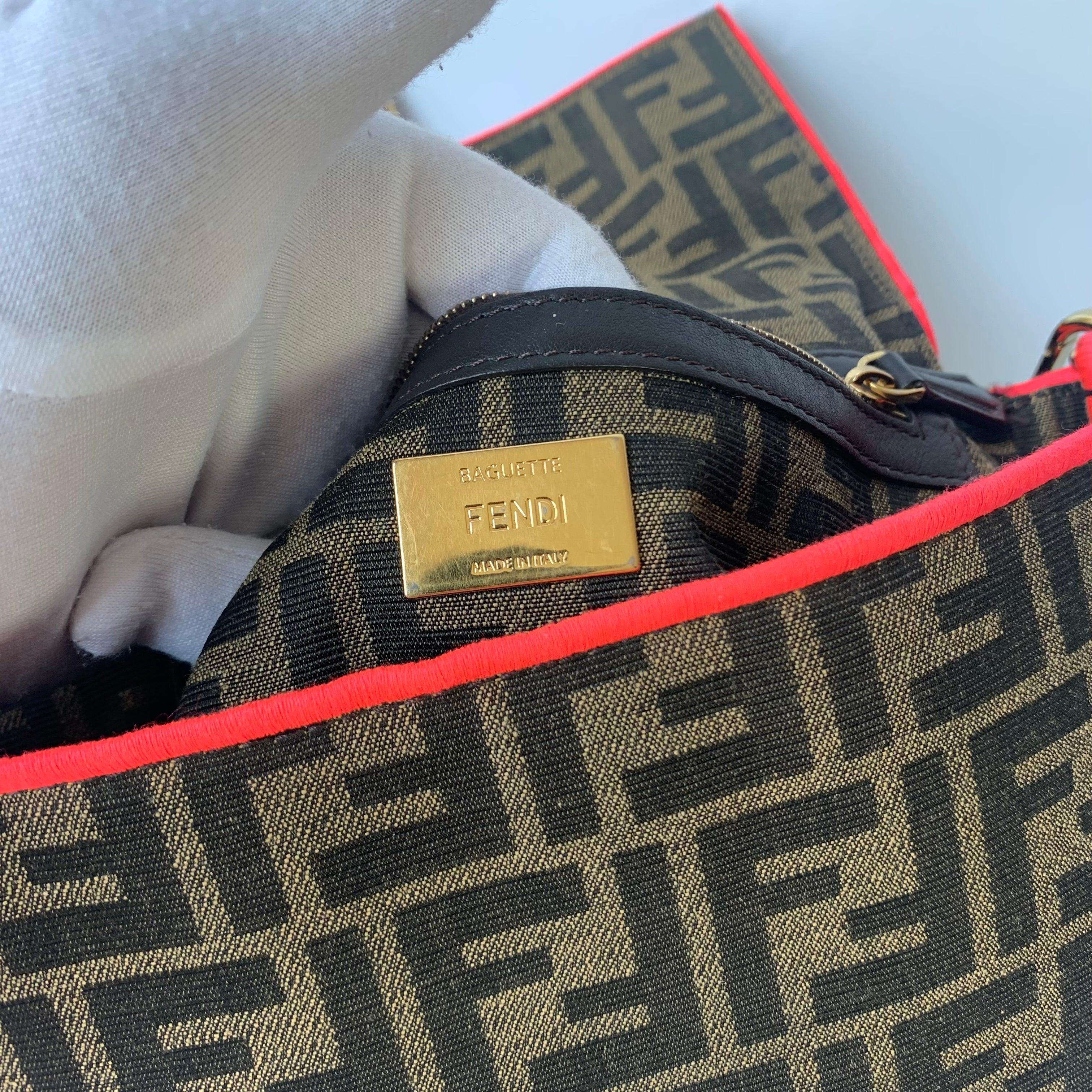 FENDI Baguette Zucca Monogram Canvas with Pink Neon trimming Crossbody Bag For Sale 4
