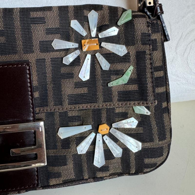 Fendi Baguette Zucca Monogram with Shell Floral Embroidery For Sale 10