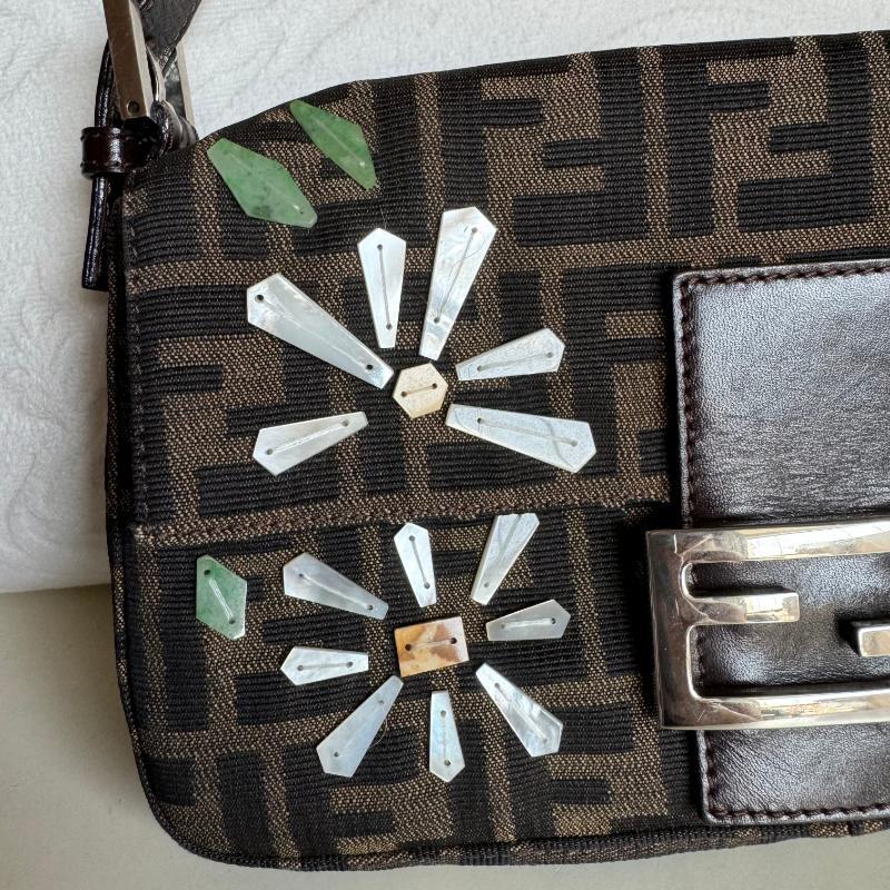 Fendi Baguette Zucca Monogram with Shell Floral Embroidery For Sale 11