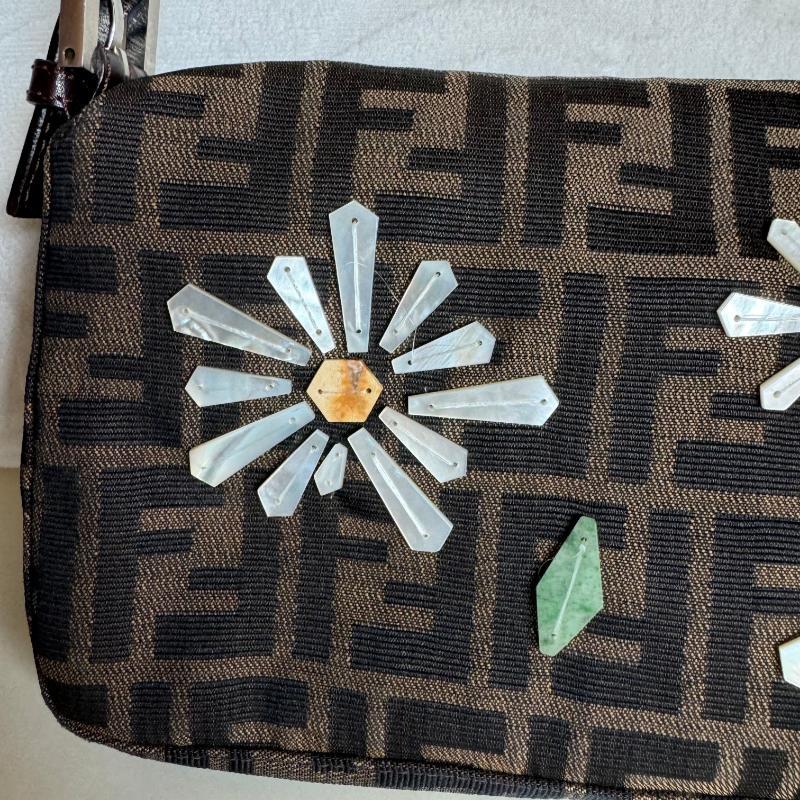 Fendi Baguette Zucca Monogram with Shell Floral Embroidery For Sale 12