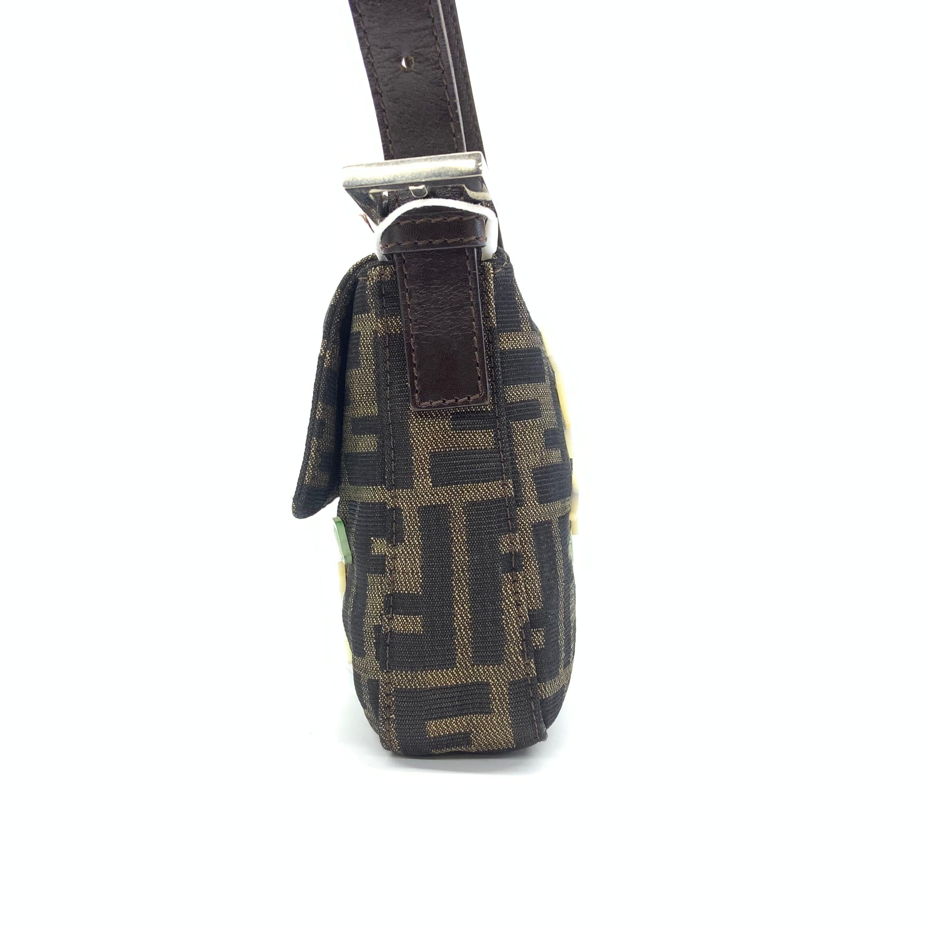 Black Fendi Baguette Zucca Monogram with Shell Floral Embroidery For Sale