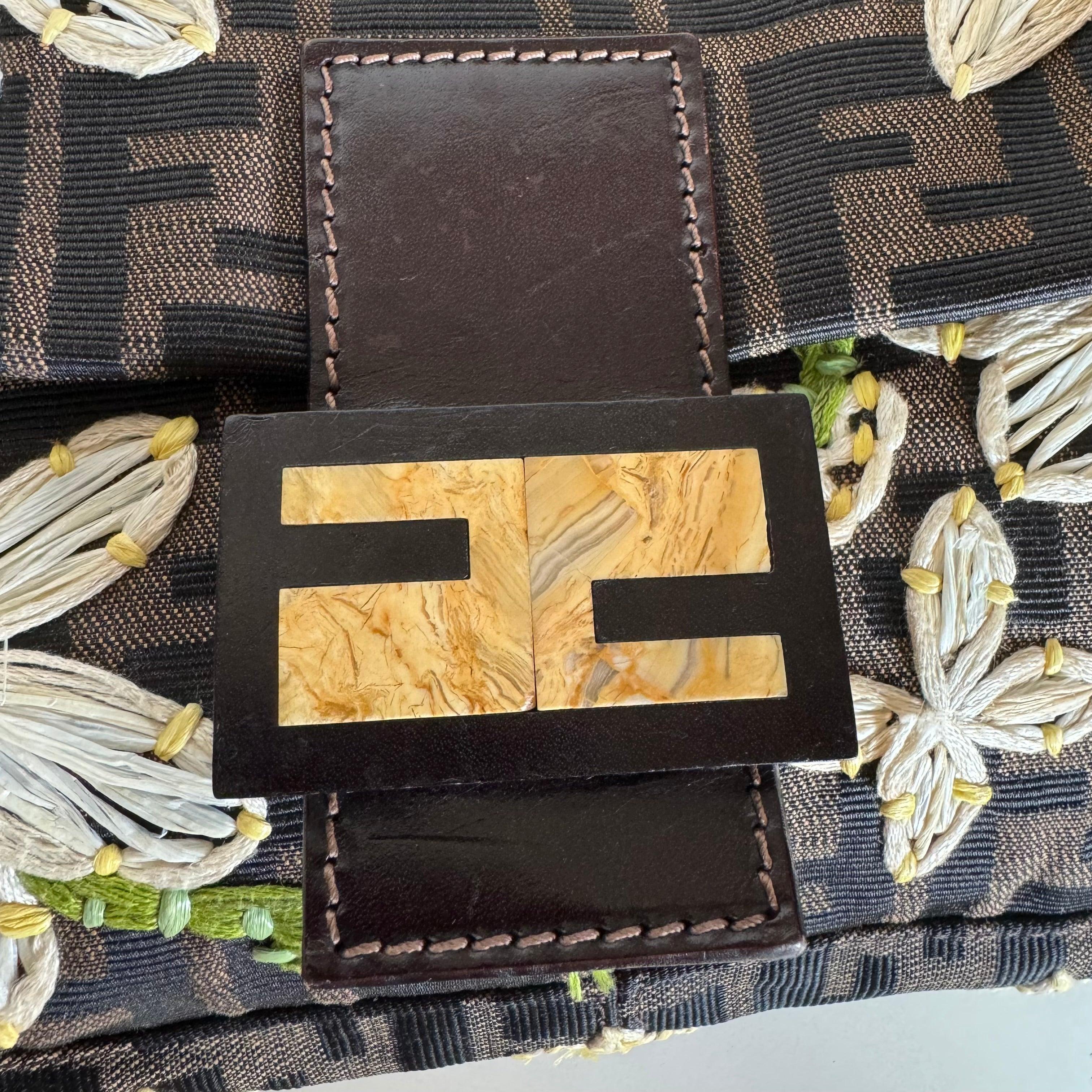 Fendi Baguette Zucca Monogram with Straw Floral Embroidery For Sale 6