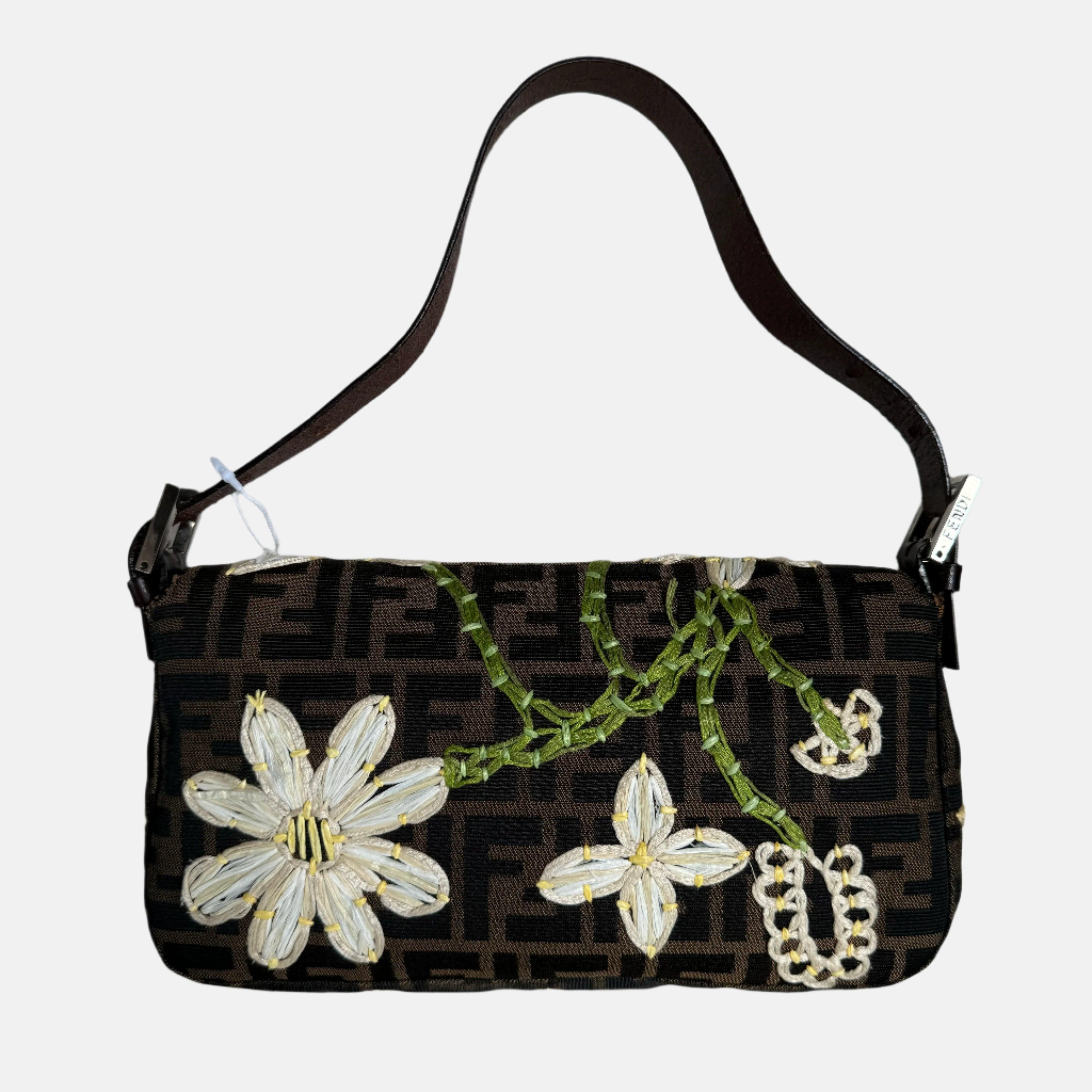 Fendi Baguette Zucca Monogram with Straw Floral Embroidery
 These are professional photos of the actual bag offered by Luxbags.
 Made from the highest quality materials, this Fendi baguette is a luxurious choice for any fashion-forward individual.