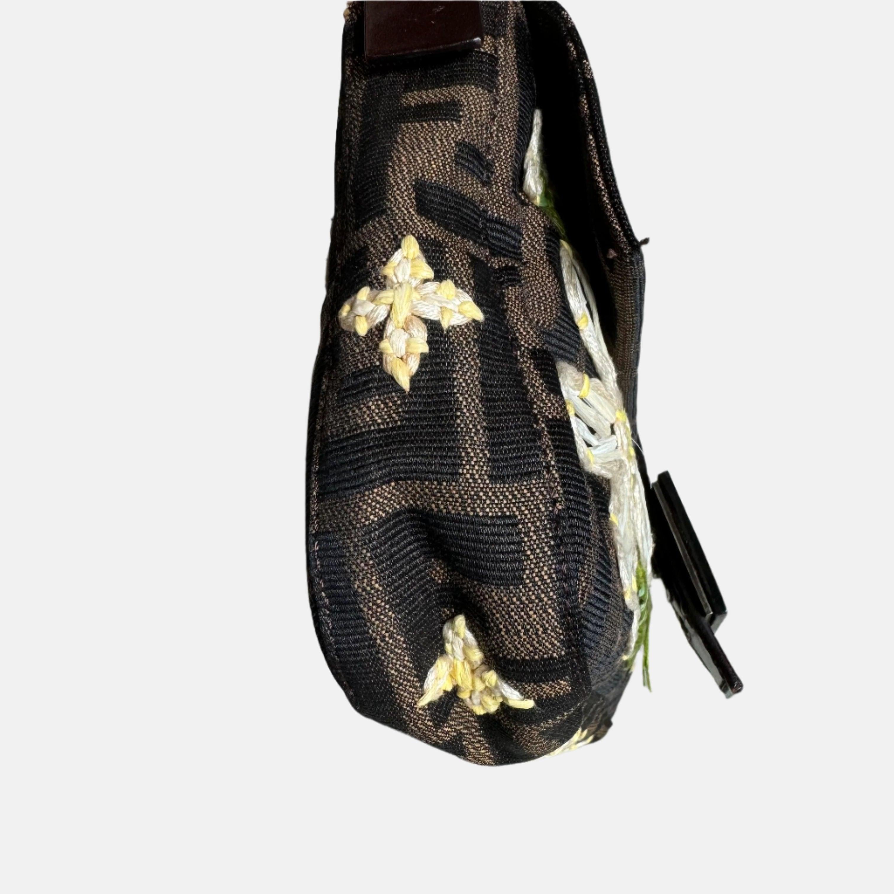 Black Fendi Baguette Zucca Monogram with Straw Floral Embroidery For Sale