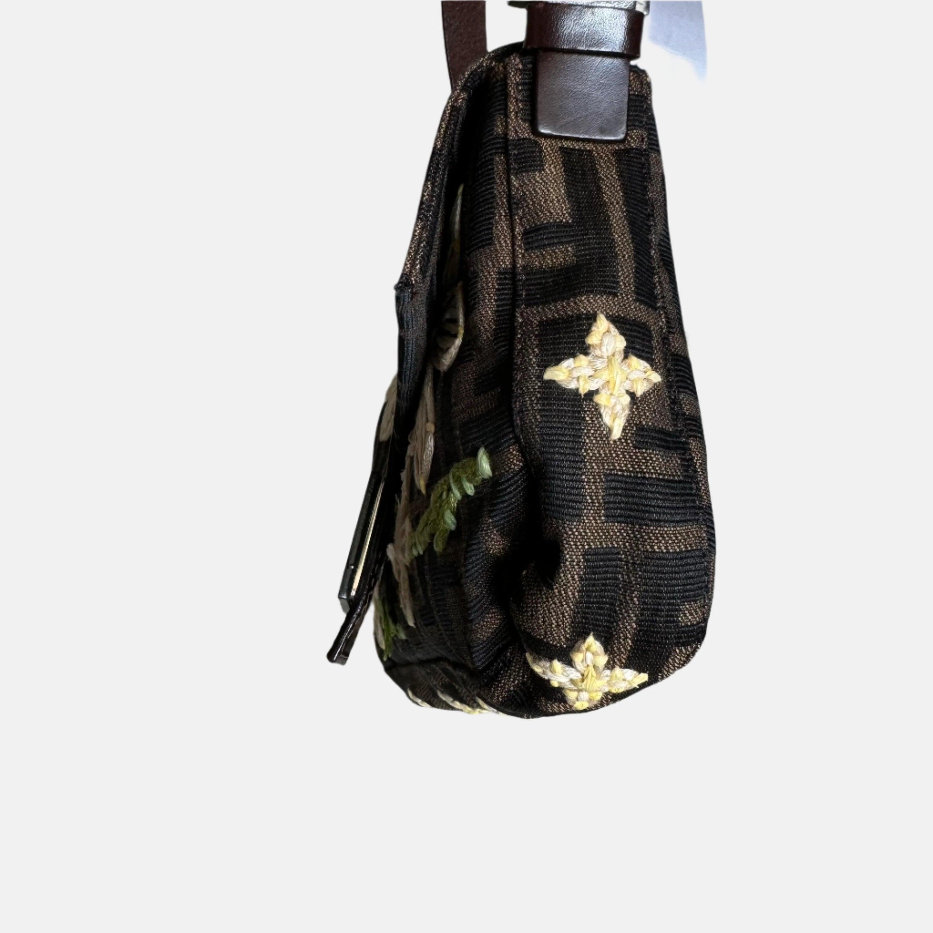 Women's Fendi Baguette Zucca Monogram with Straw Floral Embroidery For Sale