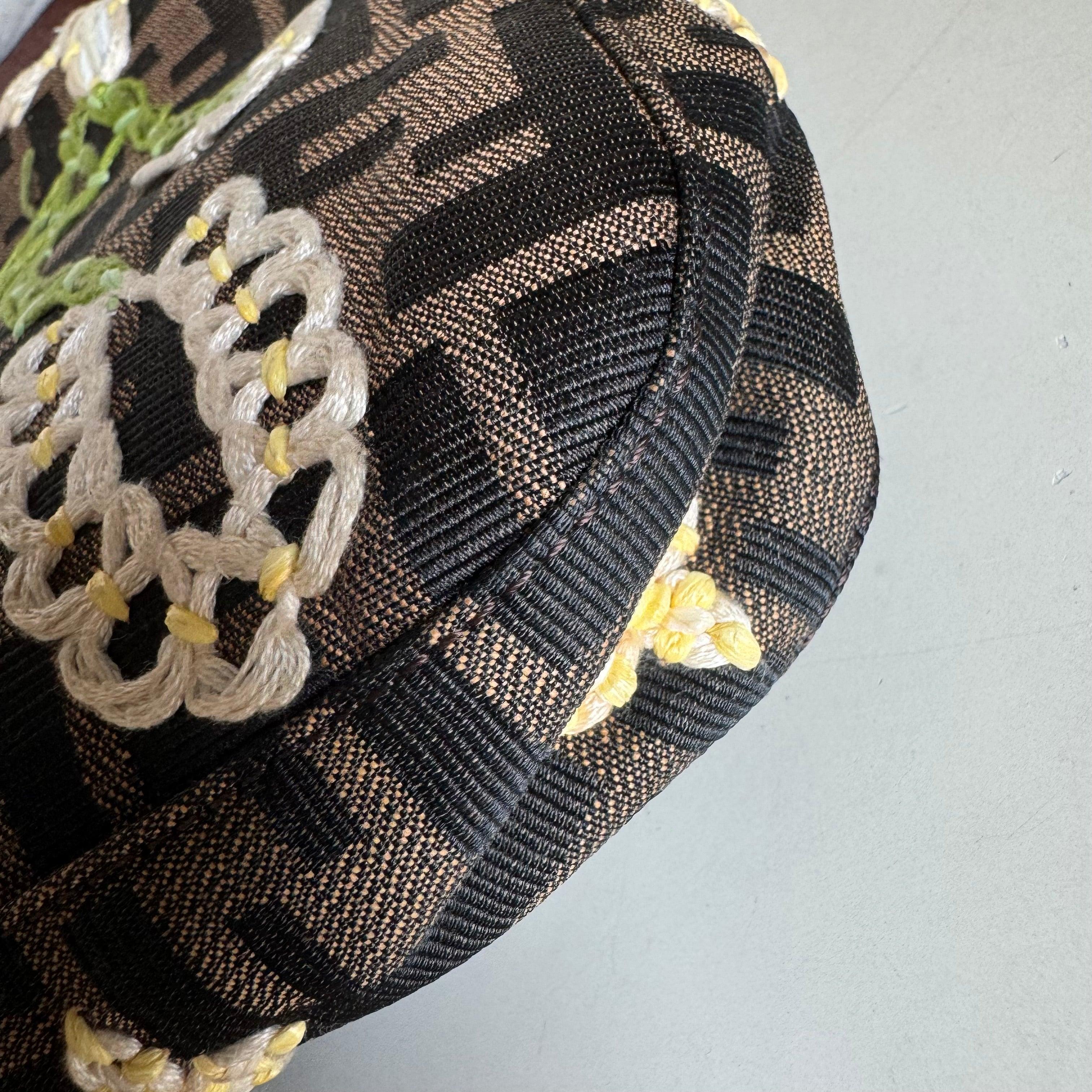 Fendi Baguette Zucca Monogram with Straw Floral Embroidery For Sale 2