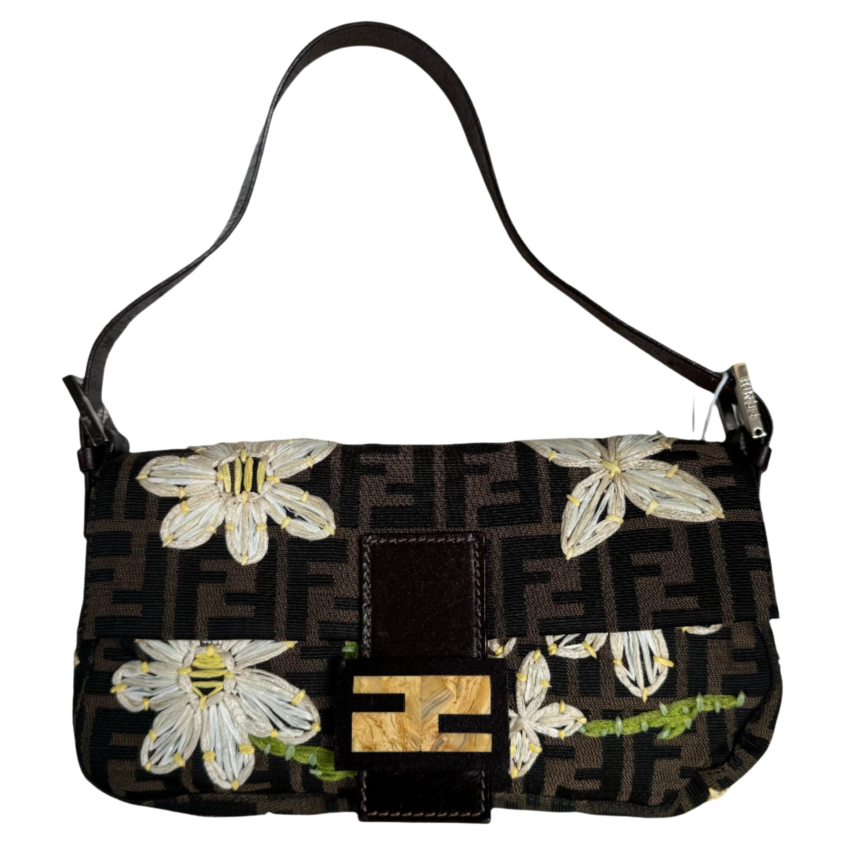 Fendi Baguette Zucca Monogram with Straw Floral Embroidery For Sale