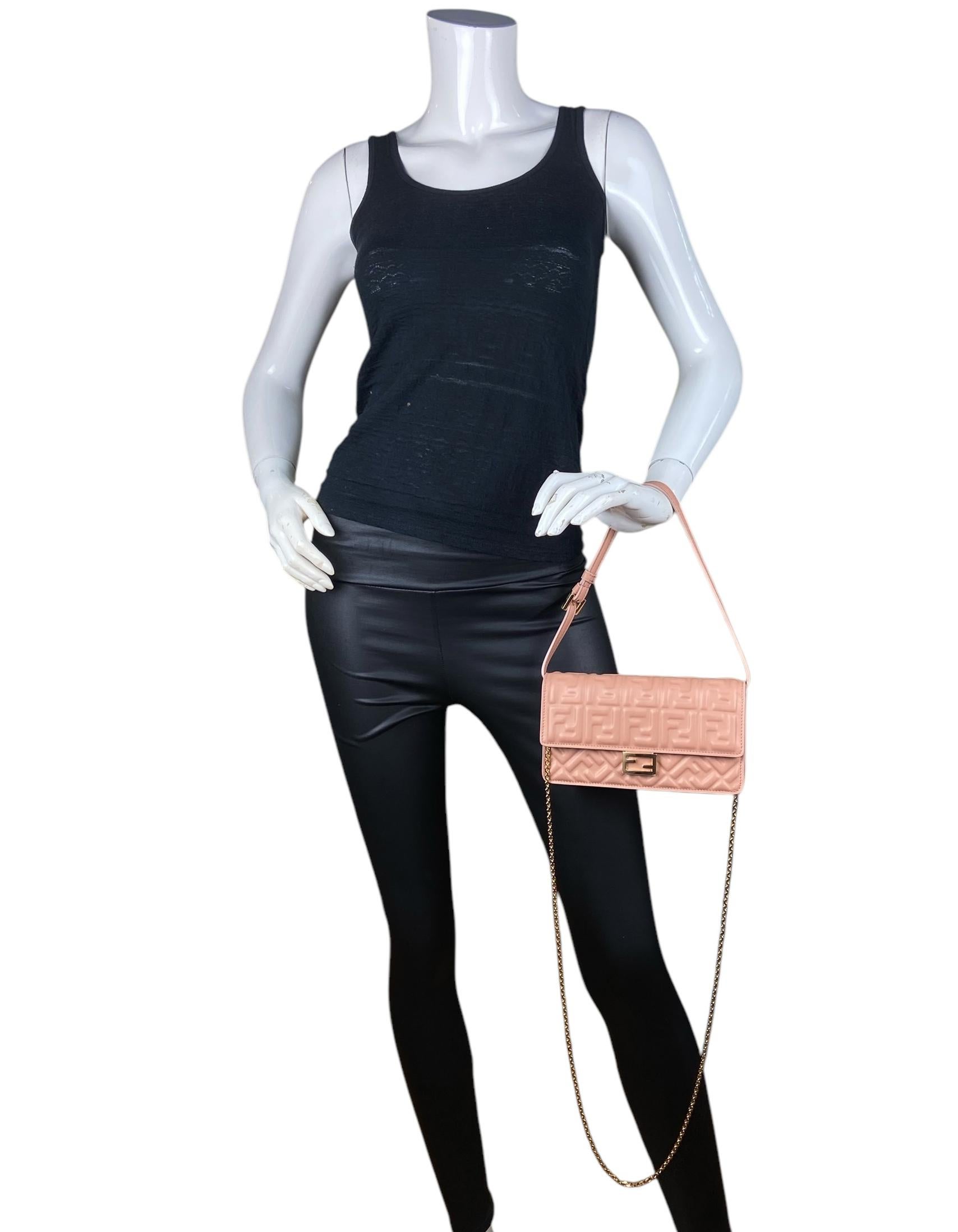 Fendi Ballet Rose Pink Nappa Matisse FF Embossed Wallet On Chain WOC Crossbody Bag. Includes two detachable straps- an adjustable leather shoulder strap and a detachable thin chain option. The bag can be carried like a clutch, under the arm or worn