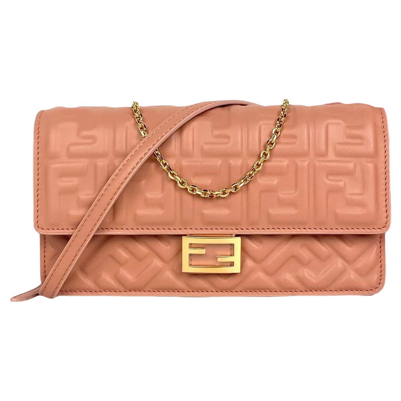 Fendi Ballet Rose Rosa Nappa FF Embossed Wallet On Chain WOC Crossbody Bag