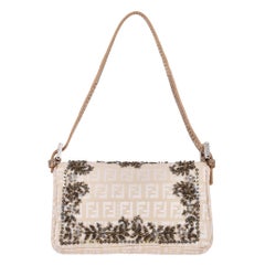 Fendi Bead Embroidered Canvas Snakeskin 'FF' Logo Baguette Bag