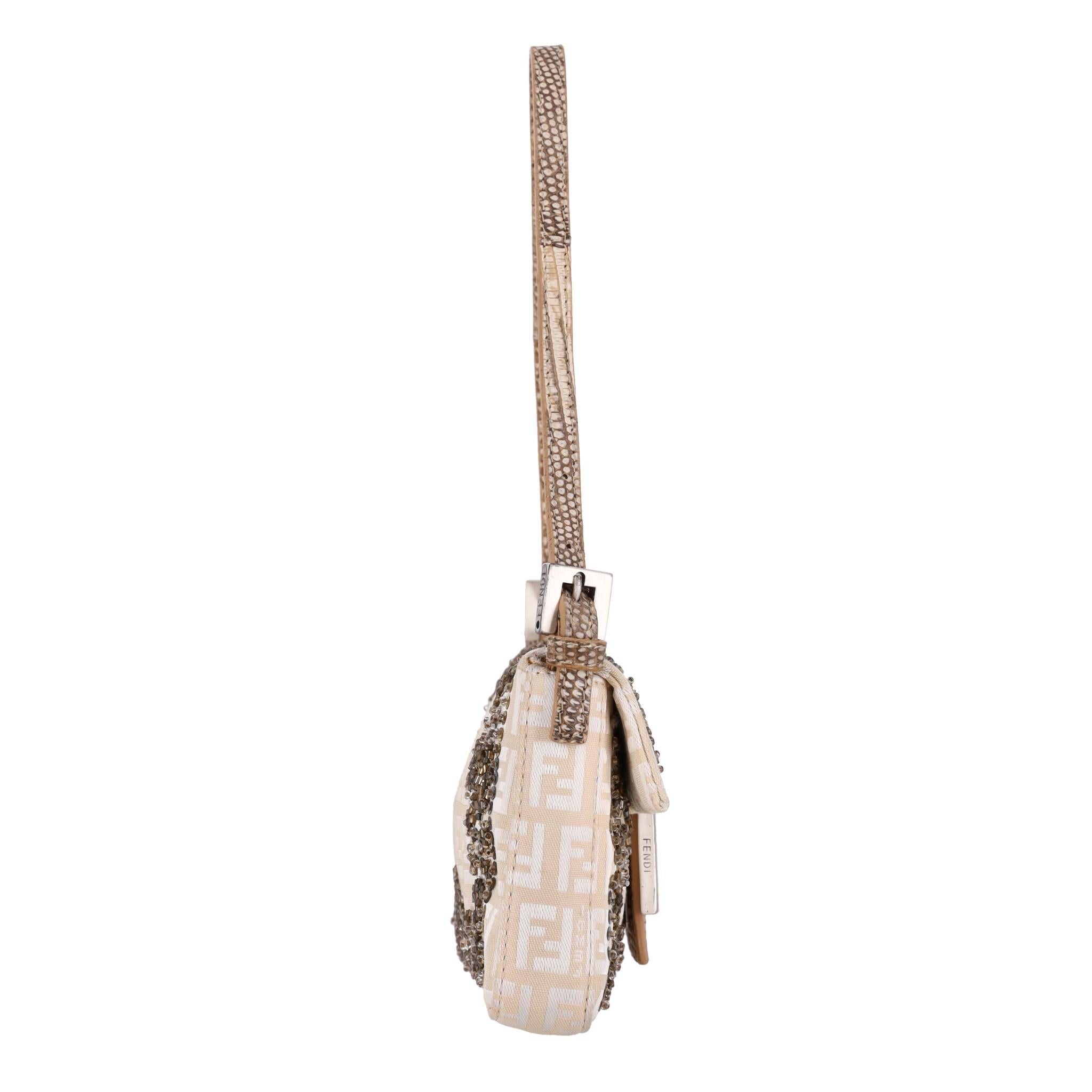 Beige Fendi Bead Embroidered Canvas Snakeskin 'FF' Logo Baguette Bag For Sale