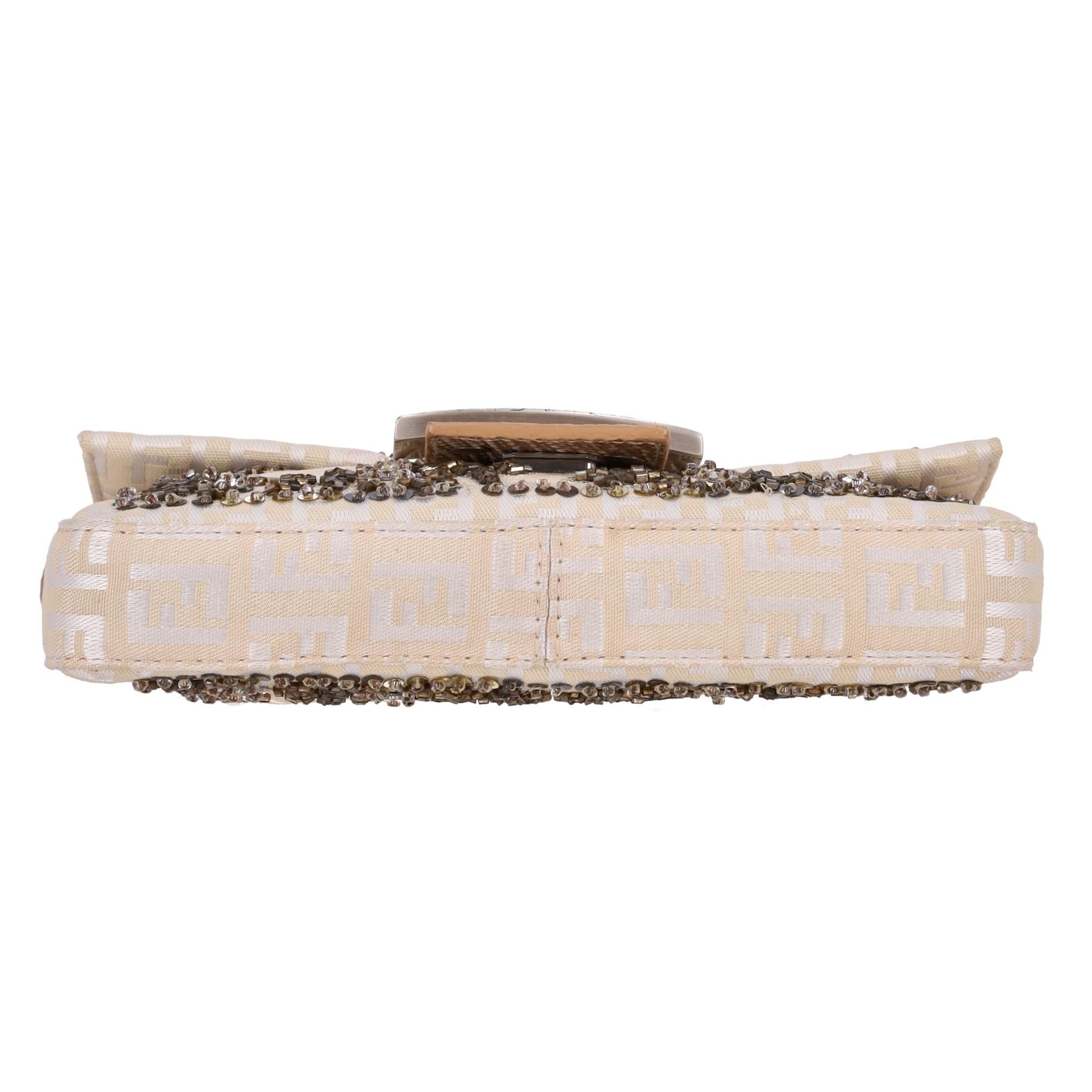 Fendi Bead Embroidered Canvas Snakeskin 'FF' Logo Baguette Bag In Good Condition For Sale In London, GB