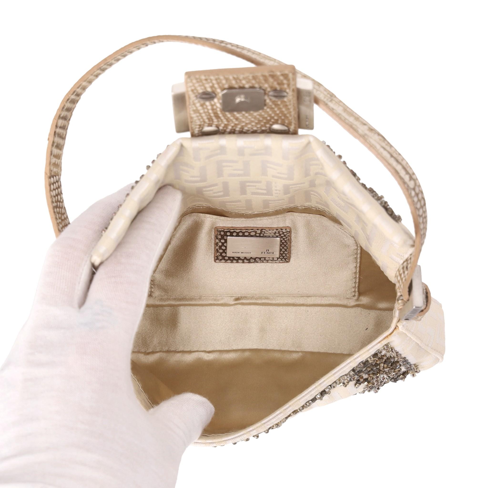 Women's Fendi Bead Embroidered Canvas Snakeskin 'FF' Logo Baguette Bag For Sale