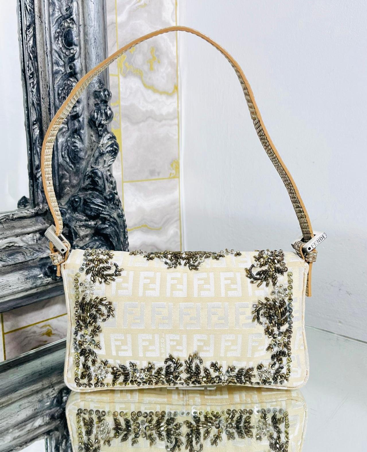Fendi Bead Embroidered Canvas & Snakeskin 'FF' Logo Baguette Bag For Sale 1