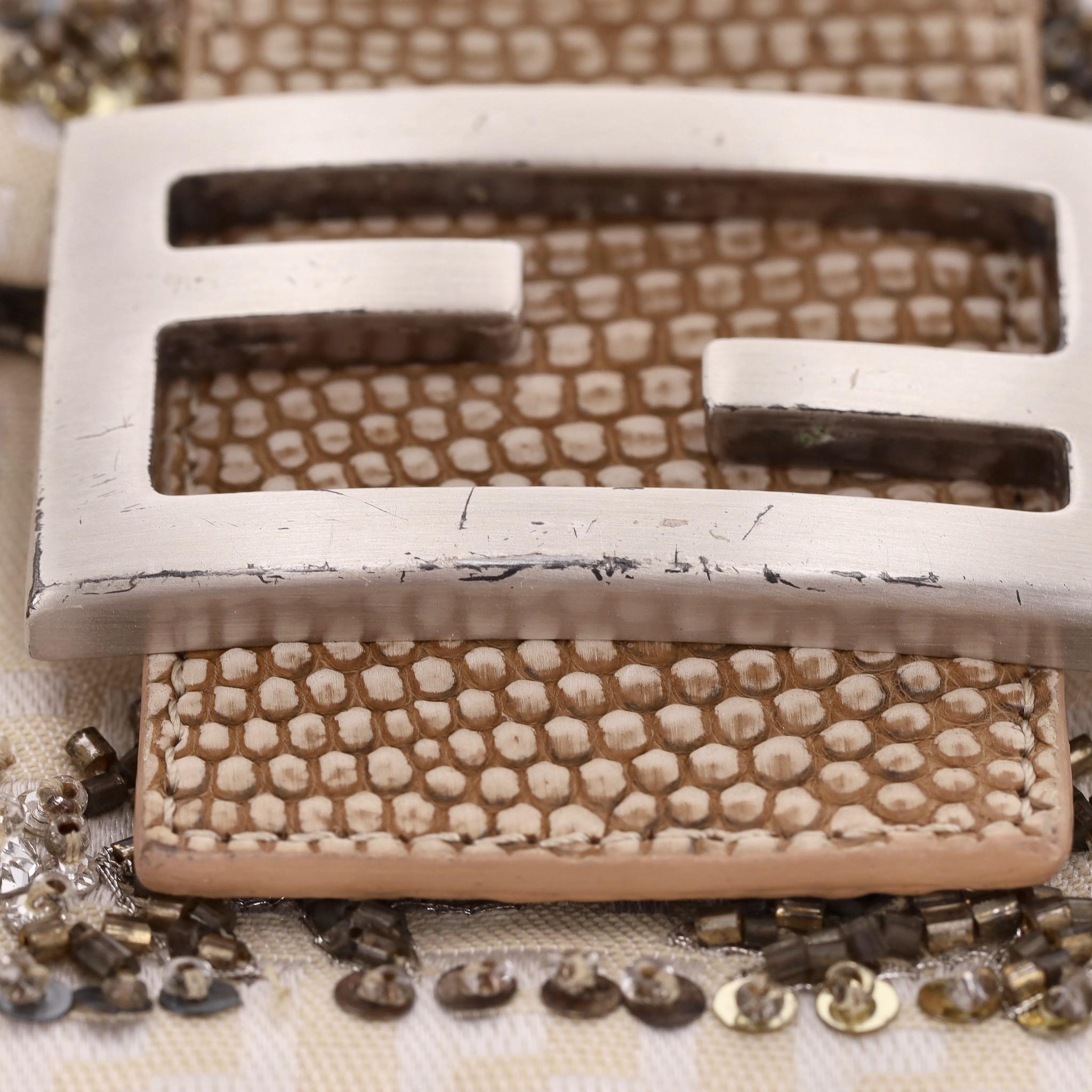 Fendi Bead Embroidered Canvas Snakeskin 'FF' Logo Baguette Bag For Sale 3