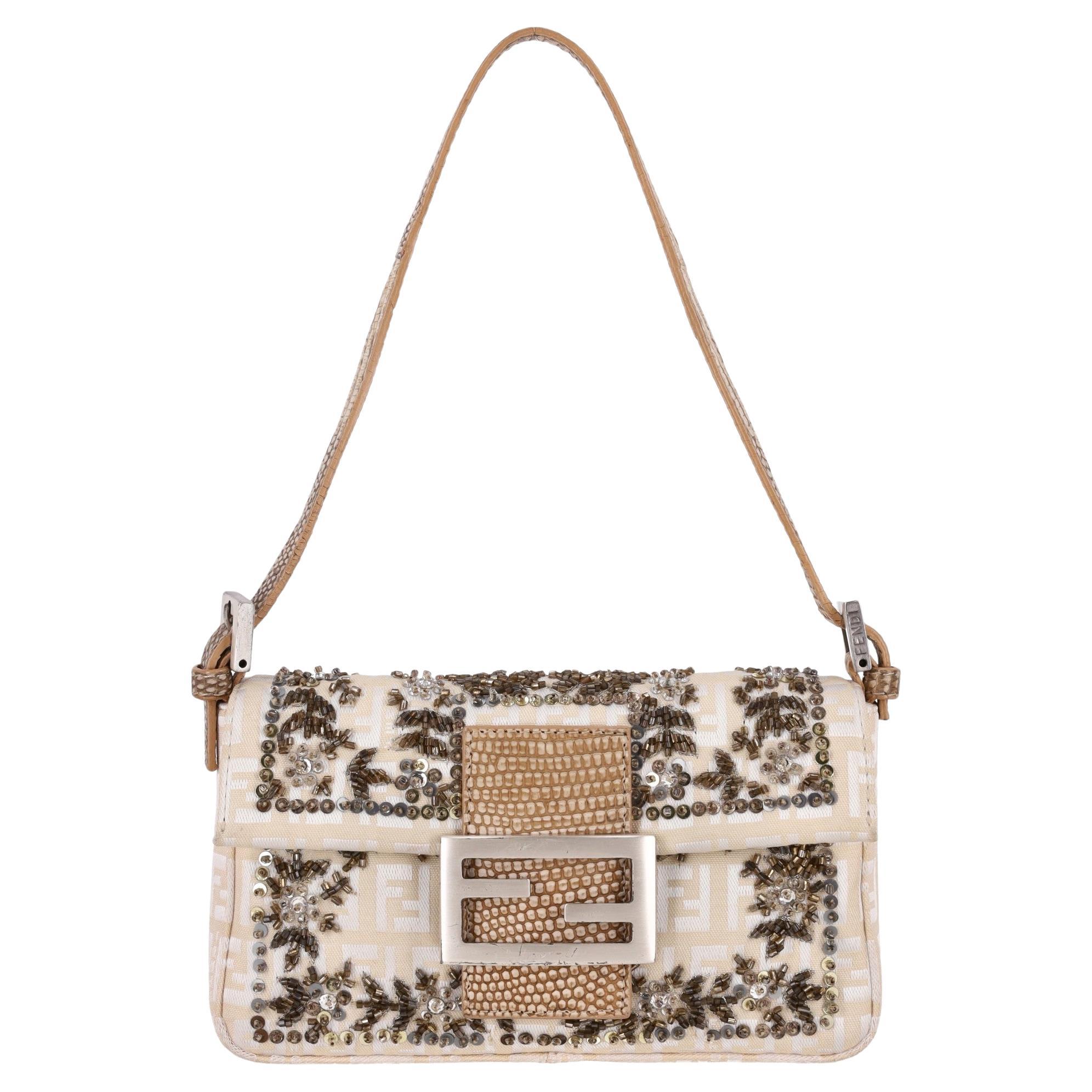 Fendi Bead Embroidered Canvas Snakeskin 'FF' Logo Baguette Bag For Sale