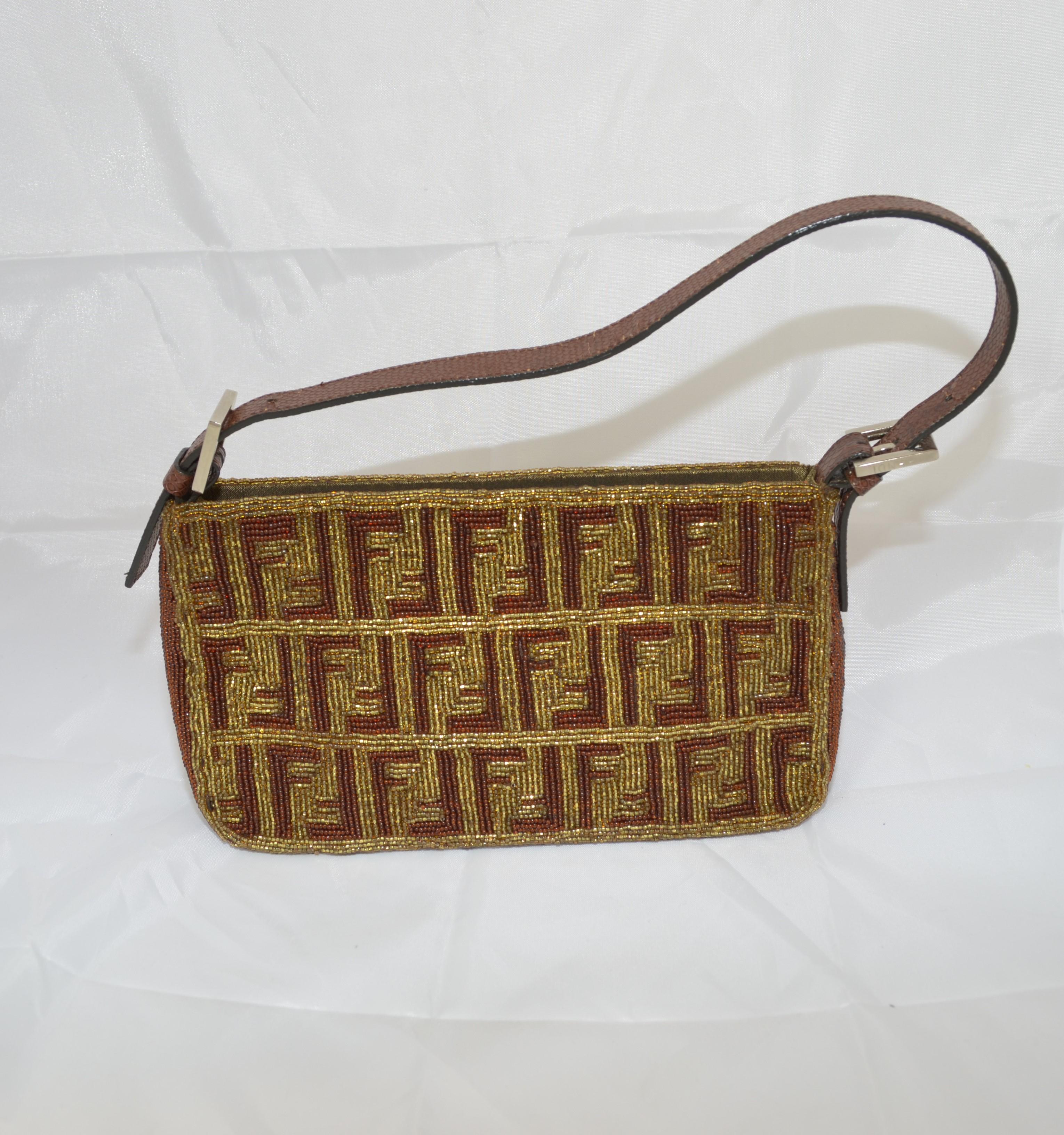 Fendi Beaded Baguette Shoulder Bag with Zucca Design — fully covered in brown and tan beads with a snakeskin design to the shoulder strap and a zippered closure. Bag has silver hardware throughout and is fully lined in jacquard with one zipper