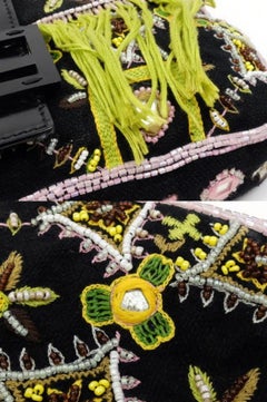 Fendi Beaded Fringe Forever Mamma Baguette 232821 Black Canvas Satchel