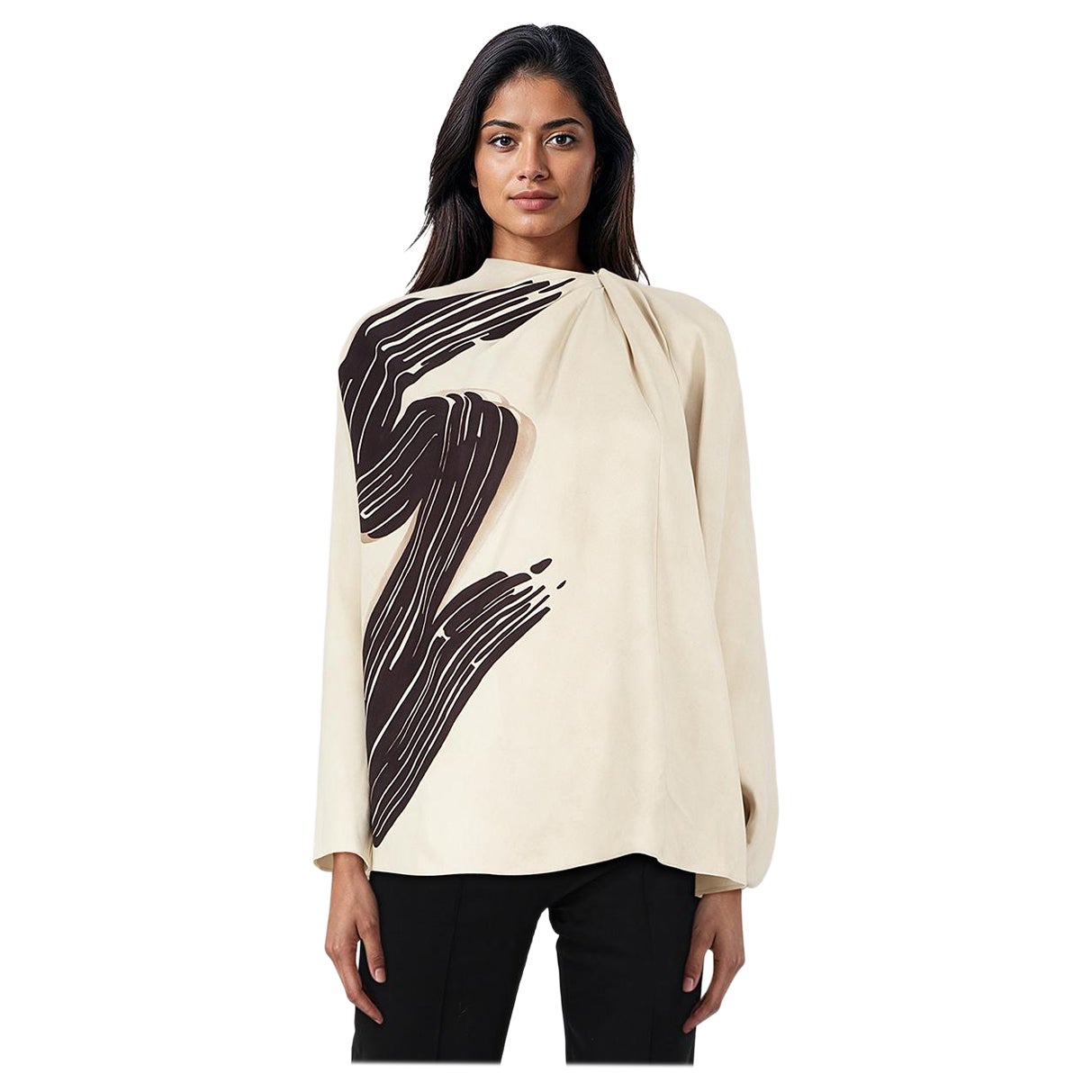 Fendi Beige Abstract Print Silk Asymmetric Blouse Size XXS im Angebot