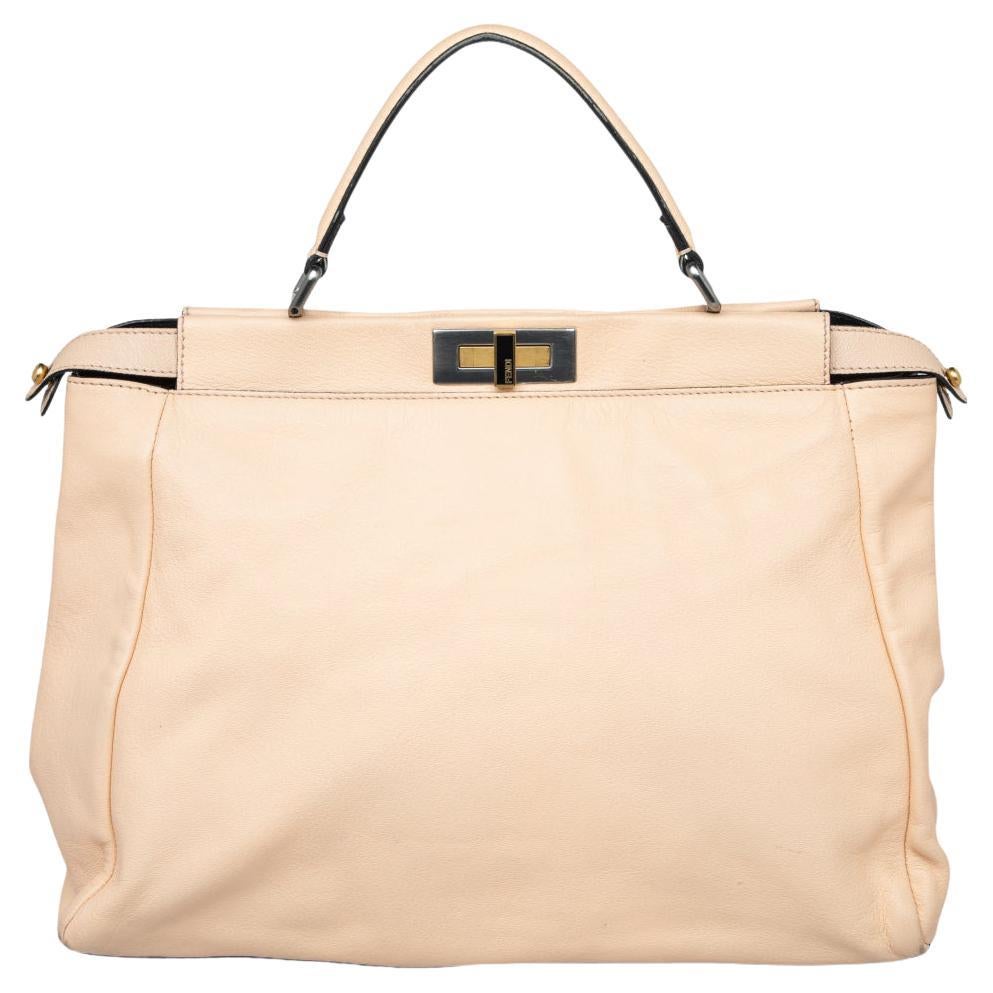 Fendi Beige/Schwarz Leder Perlen Innenfutter Große Peekaboo Top Handle Bag