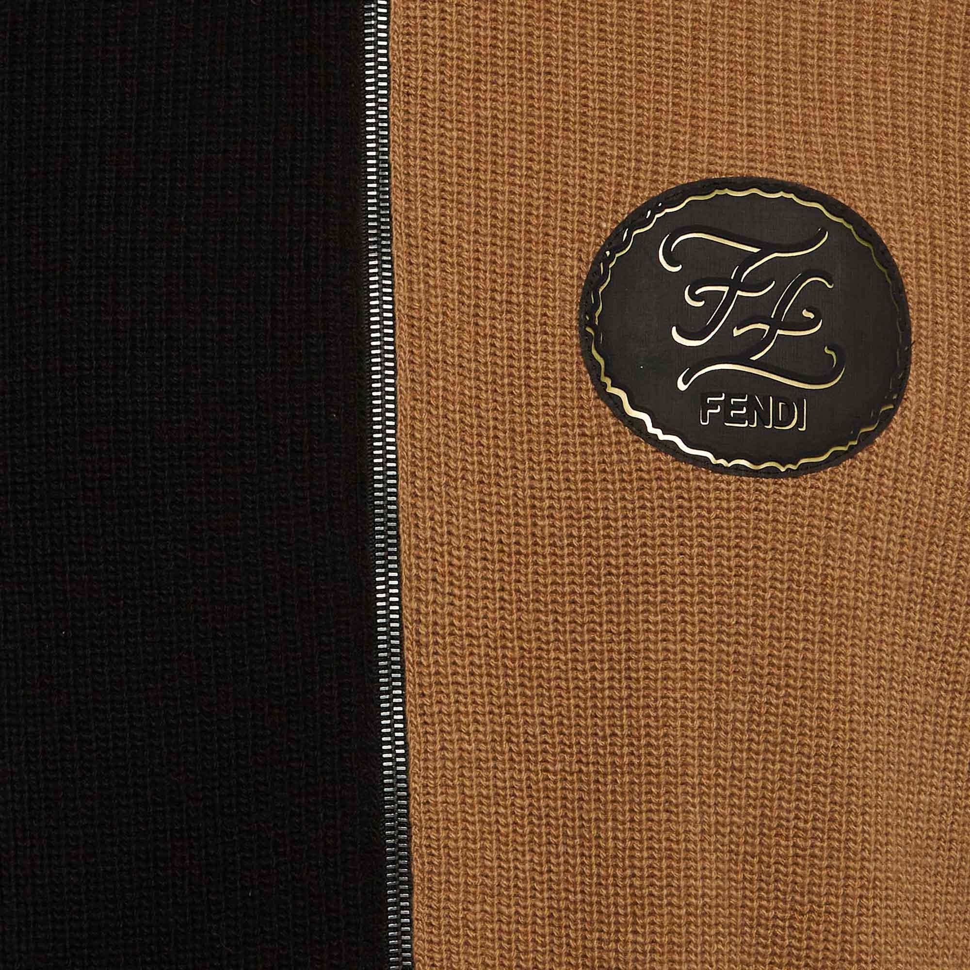 Men's Fendi Beige/Black Rib Knit Applique Detail Double Zipper Sweater L For Sale