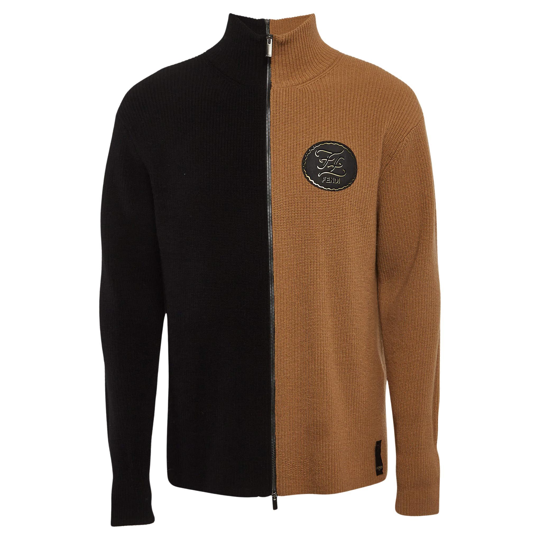 Fendi Beige/Black Rib Knit Applique Detail Double Zipper Sweater L For Sale
