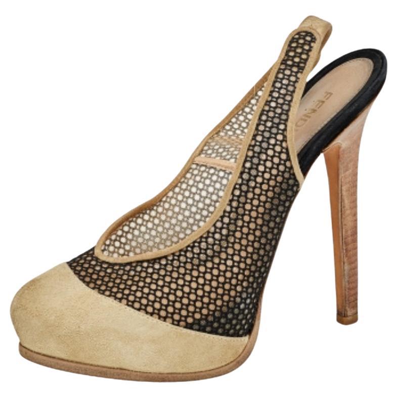 Fendi - Sandales à plateforme en daim et maille beige/noir - Taille 38