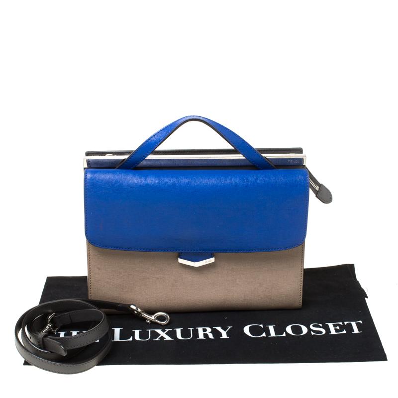 Fendi Beige/Blue Textured Leather Small Demi Jour Top Handle Bag 9