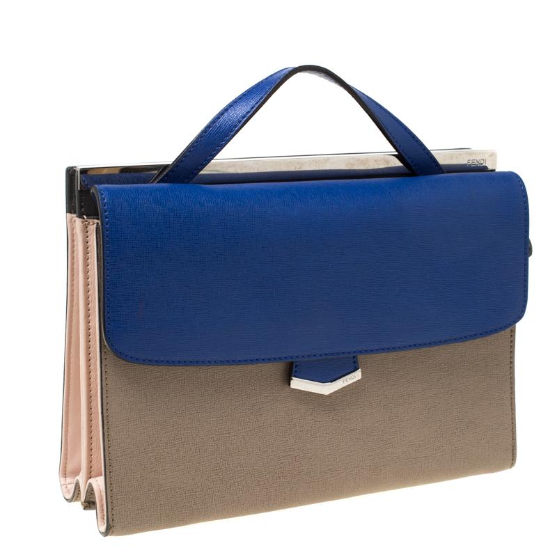 Fendi Beige/Blue Textured Leather Small Demi Jour Top Handle Bag In Good Condition In Dubai, Al Qouz 2