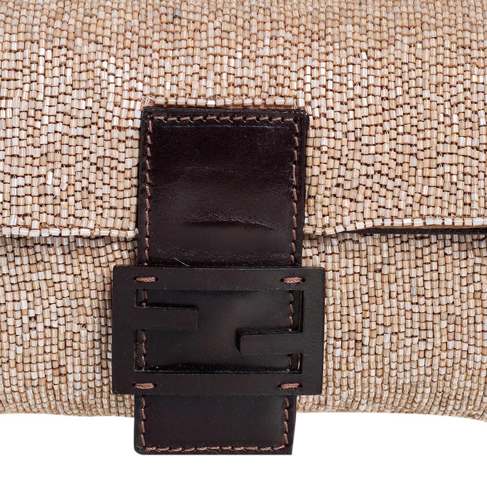 Fendi Beige/Brown Leather and Beaded Baguette Flap Bag In Good Condition In Dubai, Al Qouz 2