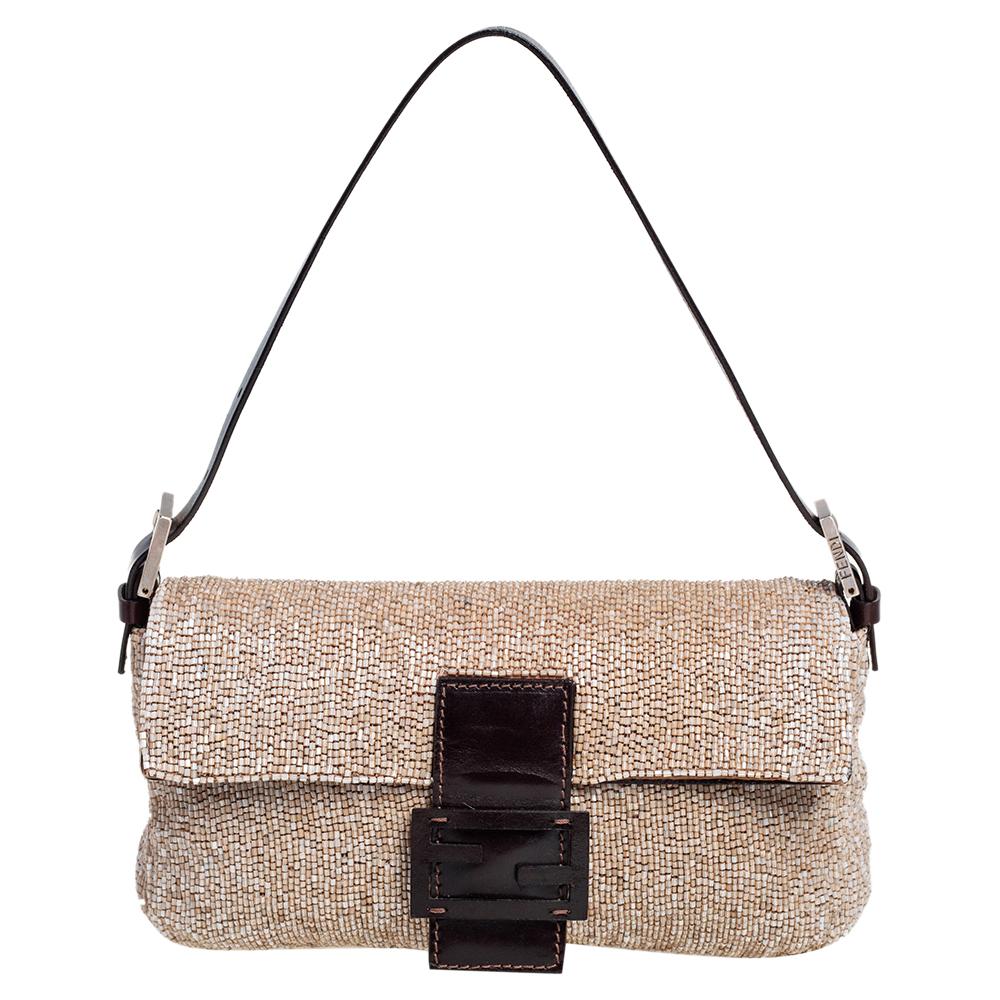 Fendi Beige/Brown Leather and Beaded Baguette Flap Bag