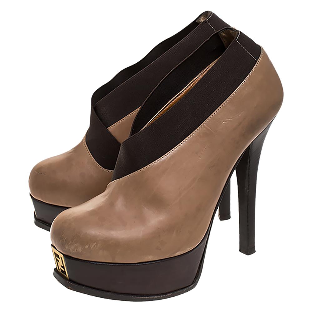 Fendi Beige/Brown Leather Fendista Faux-wrap Platform Ankle Booties Size 37 For Sale 1