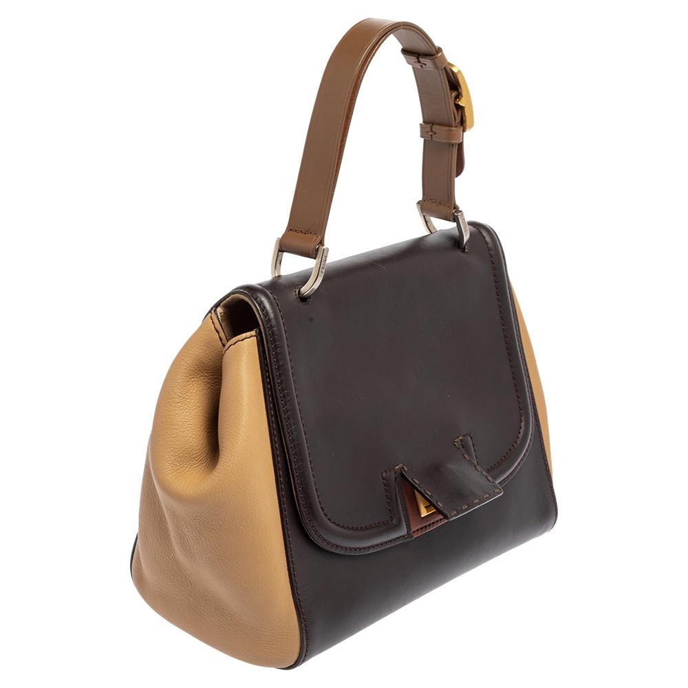 Fendi Beige/Brown Leather Silvana Top Handle Bag In Good Condition In Dubai, Al Qouz 2