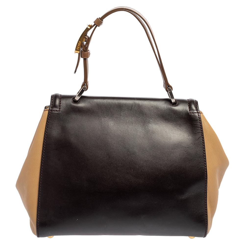 Fendi Beige/Brown Leather Silvana Top Handle Bag In Good Condition In Dubai, Al Qouz 2
