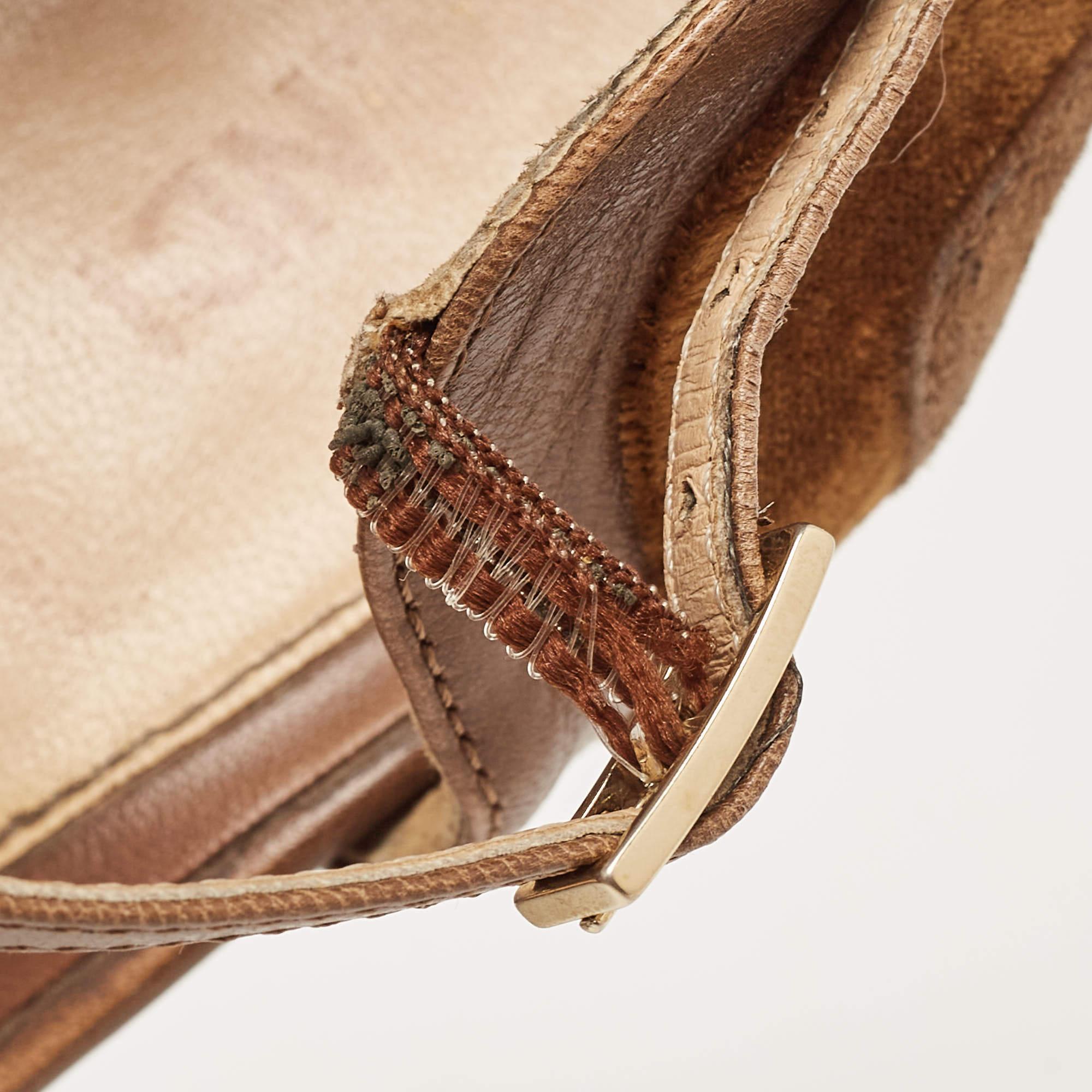 Fendi Beige/Brown Leather Velvet Ankle Strap Pumps Size 40 For Sale 1
