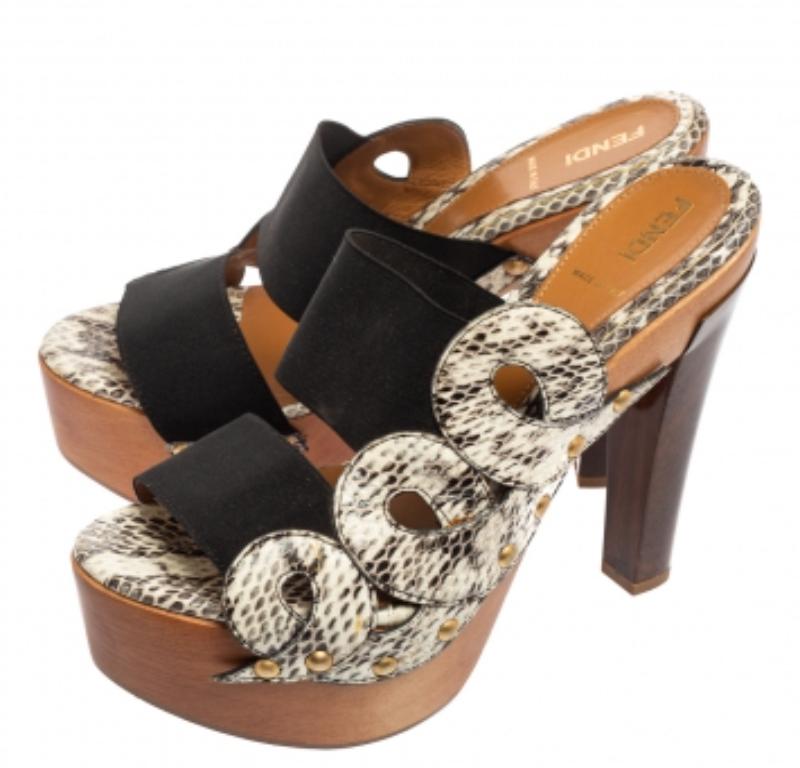 Fendi Brown/beige Python Leder Plateau Slide Sandalen Größe 38 im Angebot 1